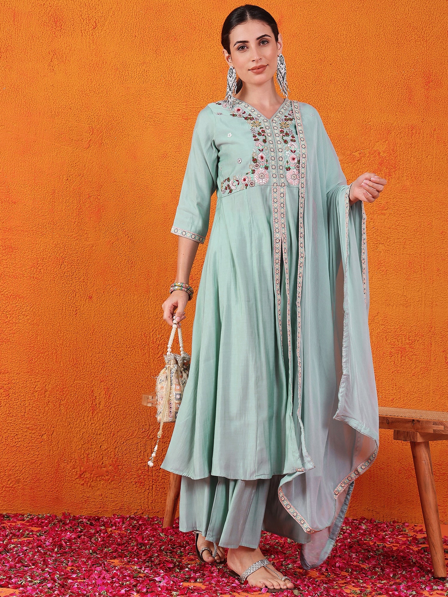 Embroidered Hand Work Silk Kurti With Palazzos & Dupatta