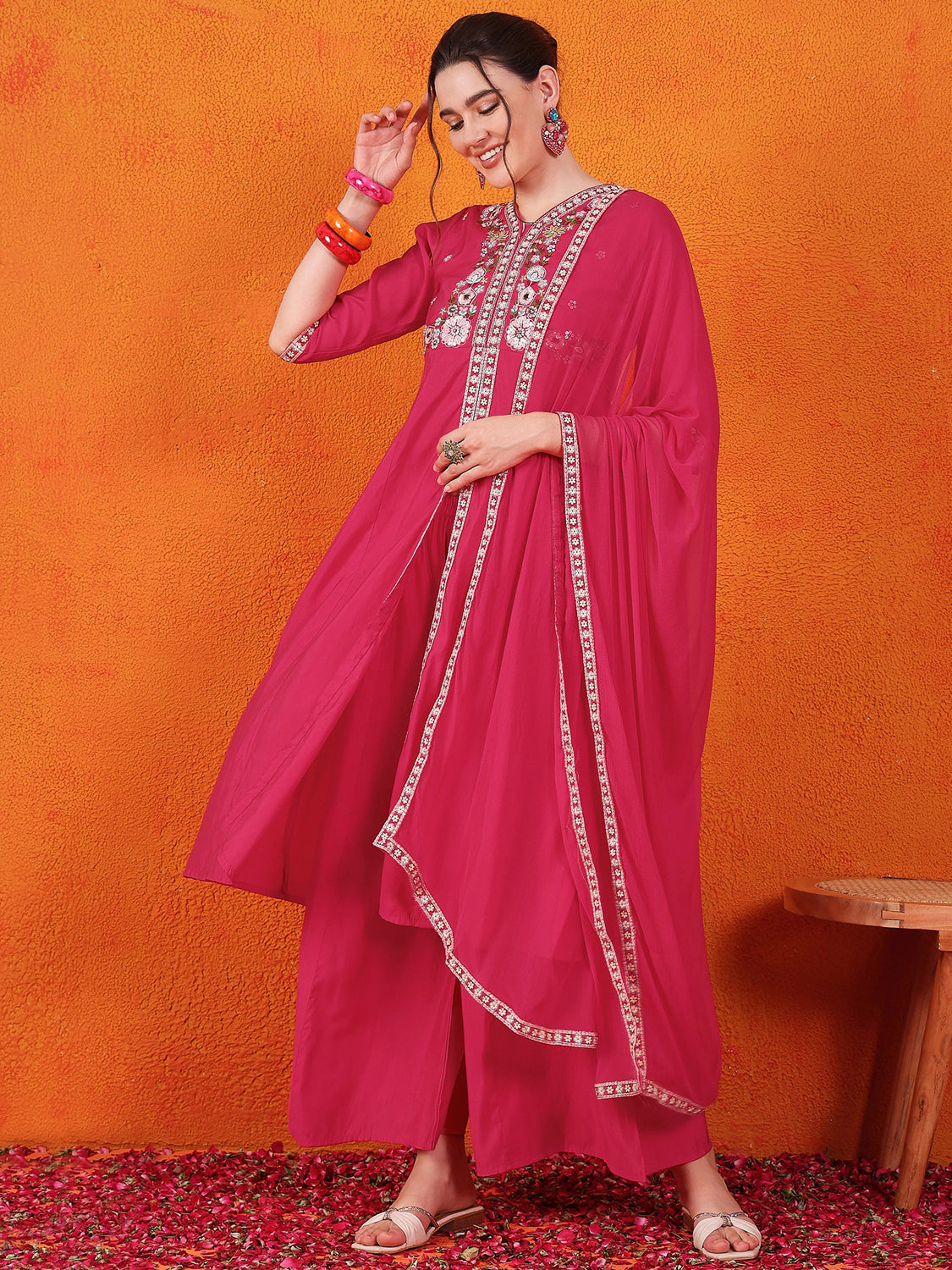 Embroidered Hand Work Silk Kurti With Palazzos & Dupatta