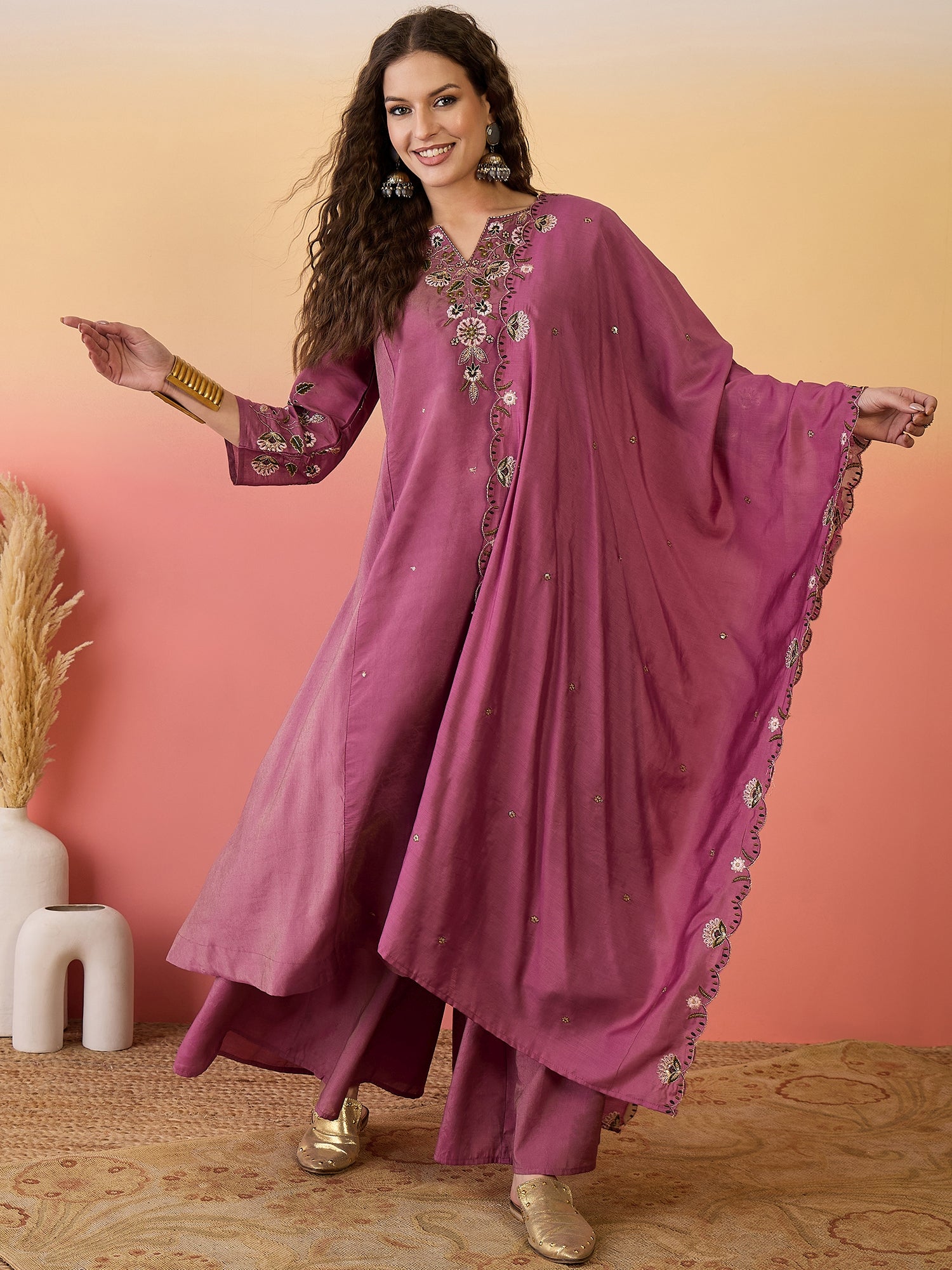 Women Embroidered Anarkali Kurta With Palazzo & Dupatta