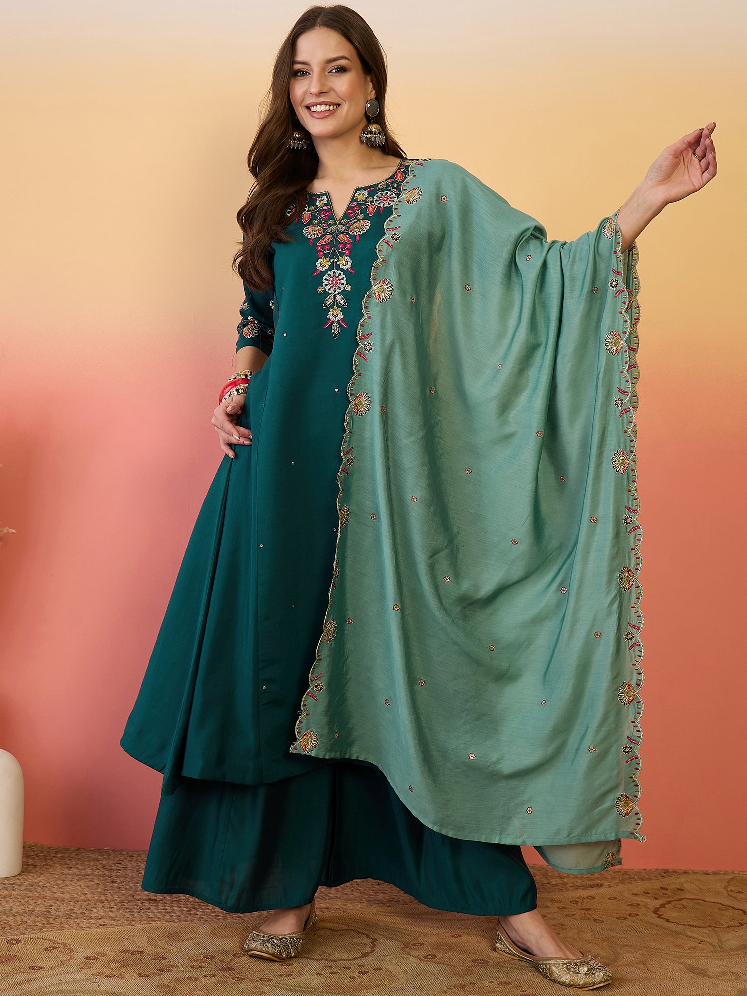 Women Embroidered Anarkali Kurta With Palazzo & Dupatta