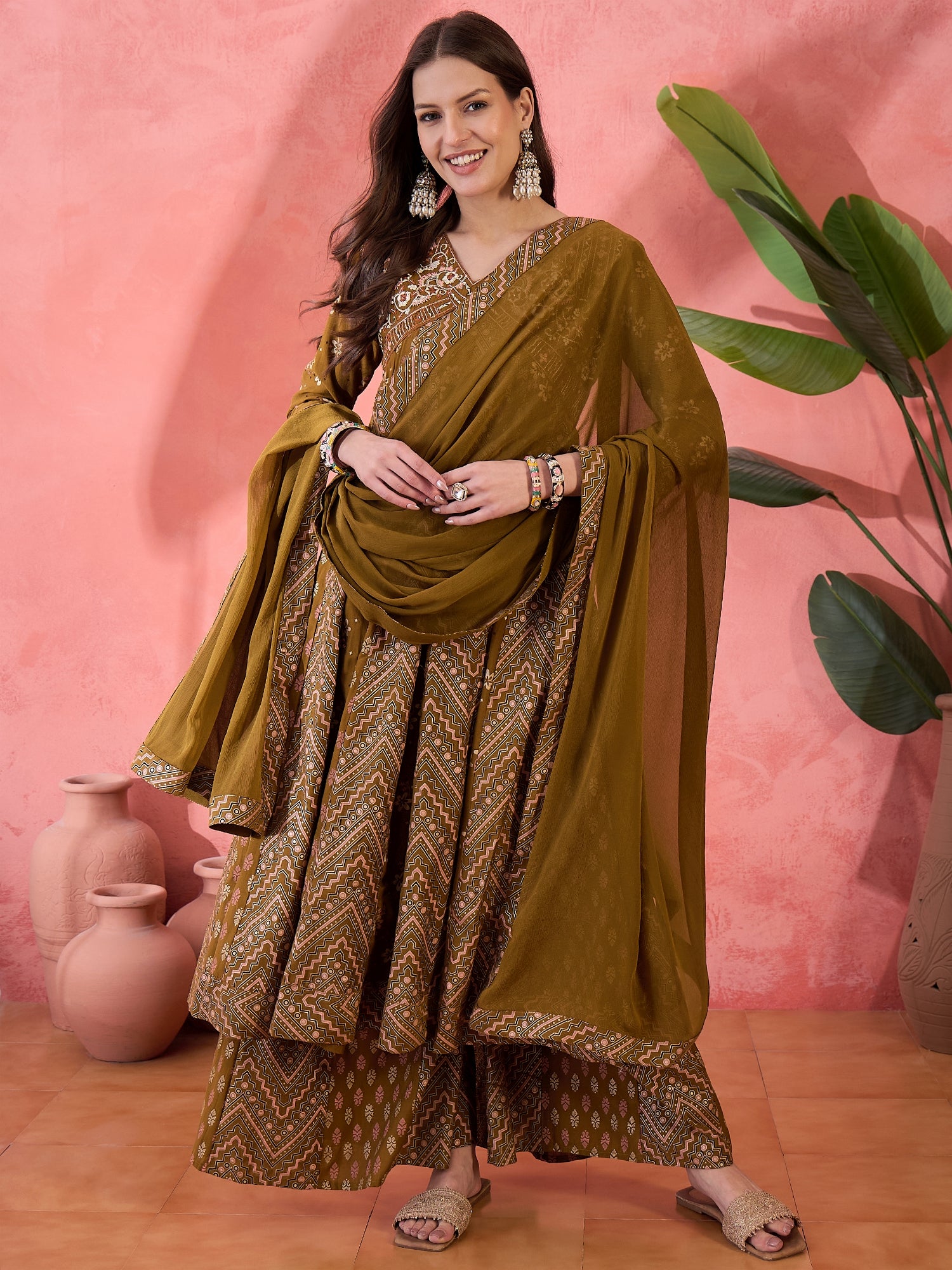 Self Design Anarkali Kurta Set With Dupatta