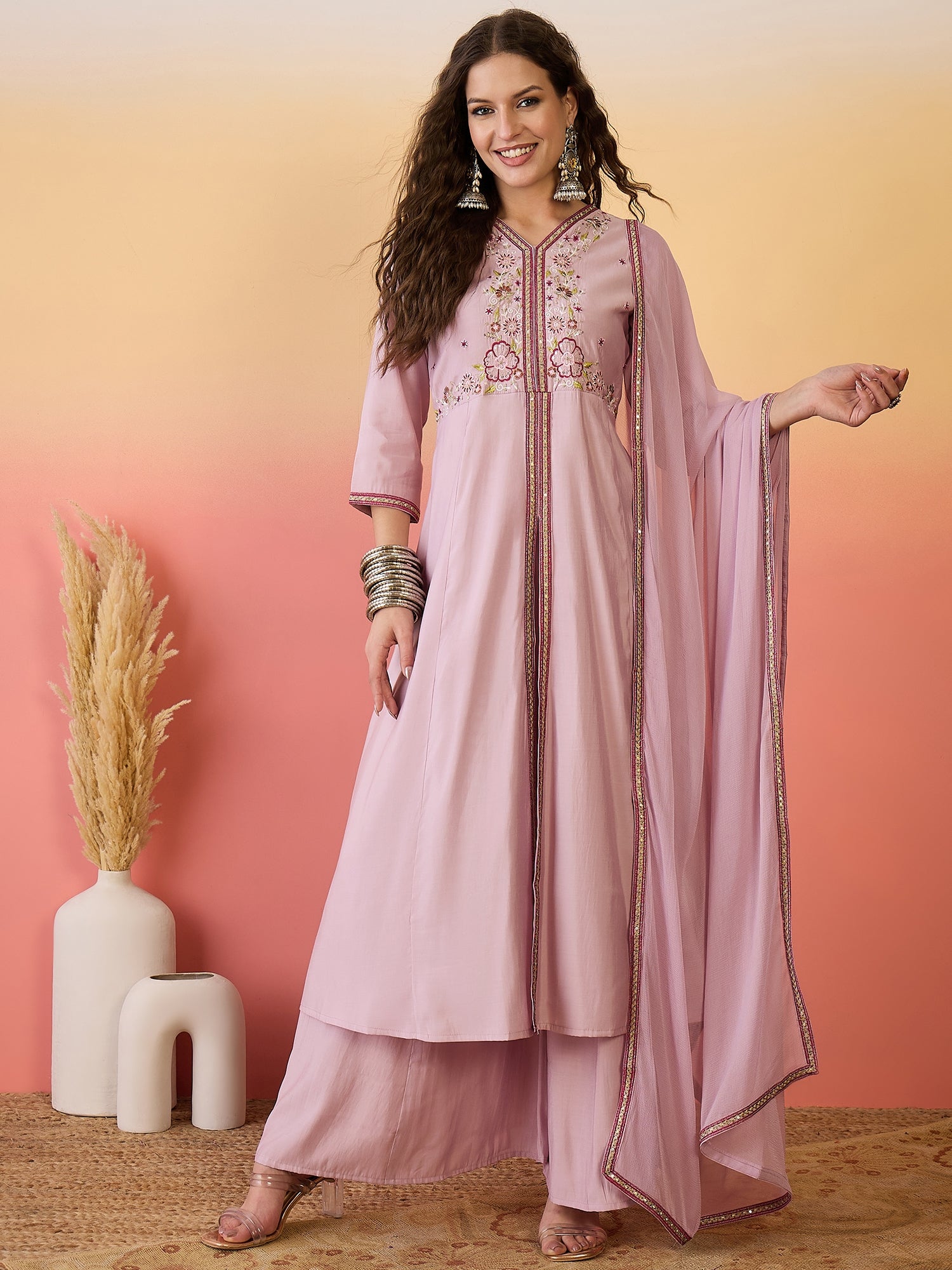 Embroidered Kurta Palazzo With Dupatta