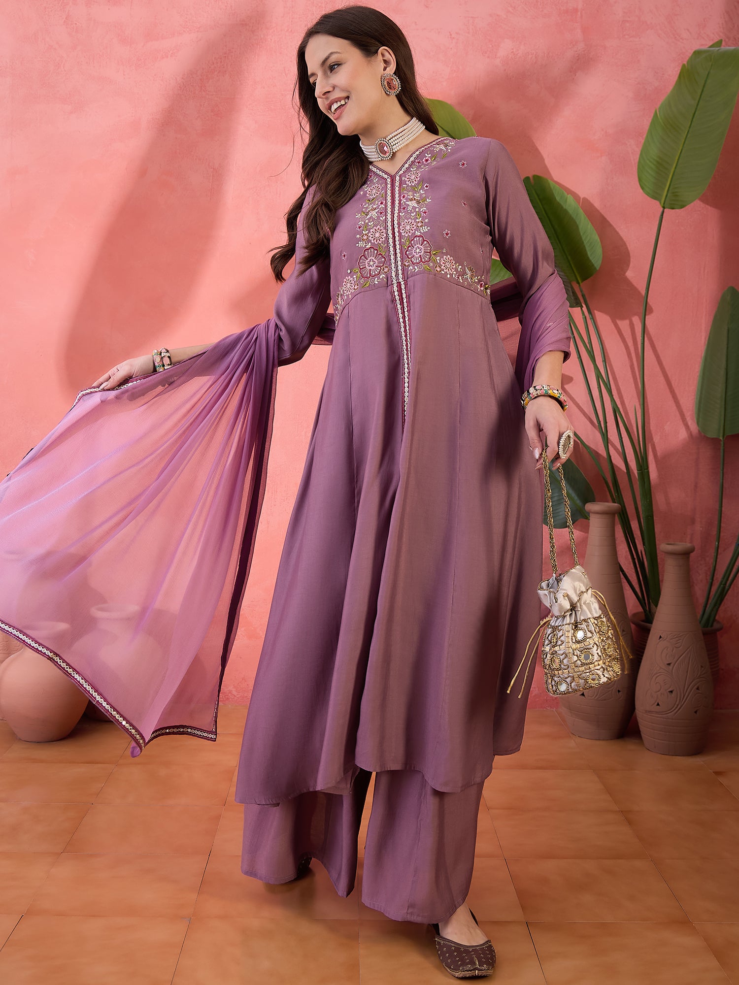 Embroidered Detailed V- Neck Kurta, Palazzo & Dupatta Set