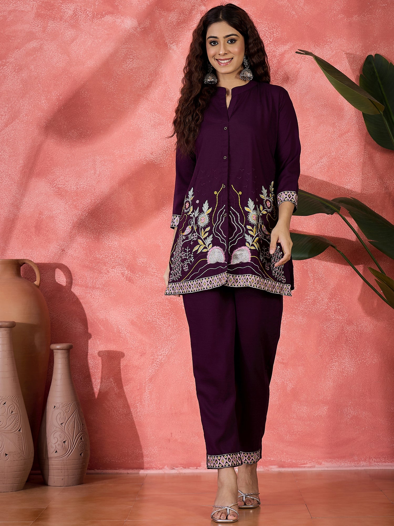 Embroidered Mandarin Collar Neck Tunic & Trousers Co-Ords