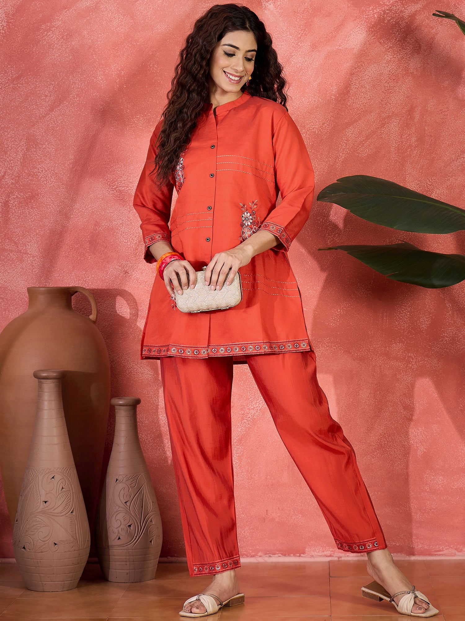 Embroidered Mandarin Collar Neck Tunic & Trousers Co-Ords