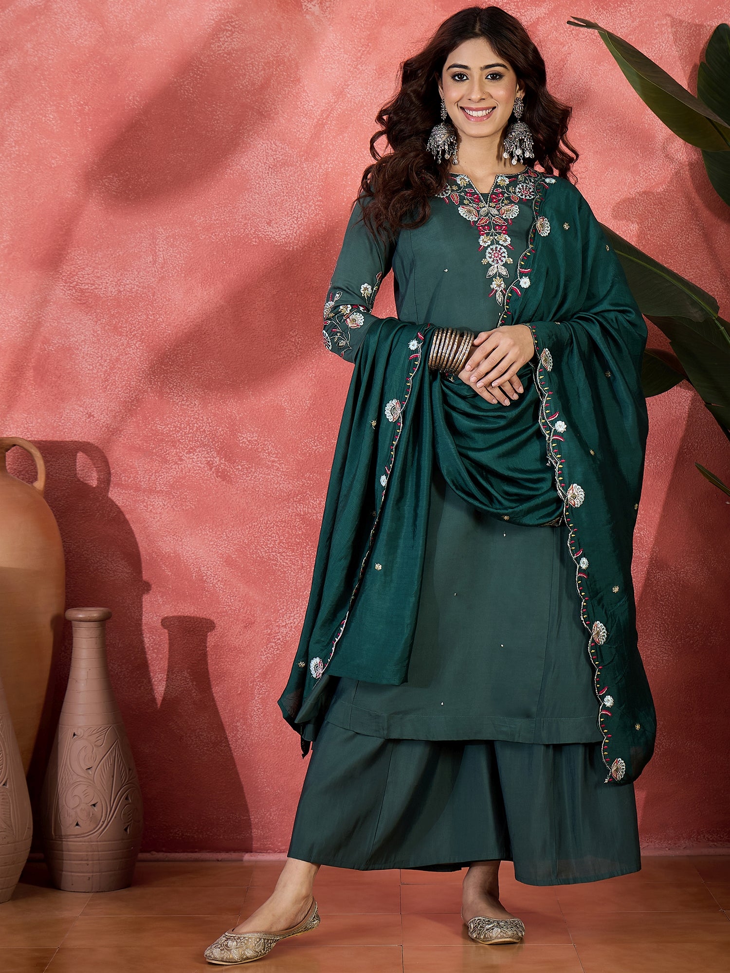 Women Embroidered Anarkali Kurta With Palazzo & Dupatta