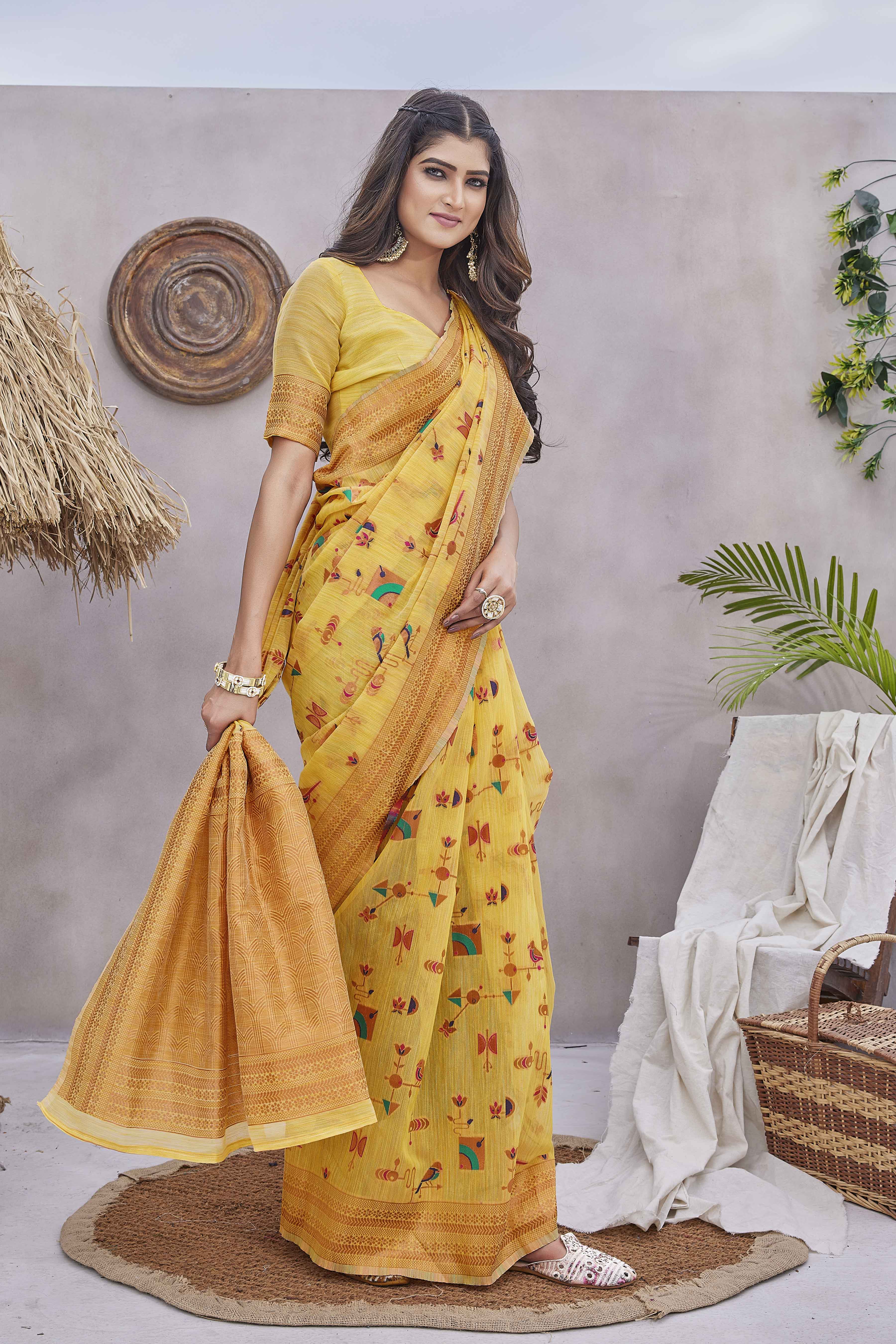 Abstract Printed Woven Design Zari Pure Linen Kanjeevaram Saree