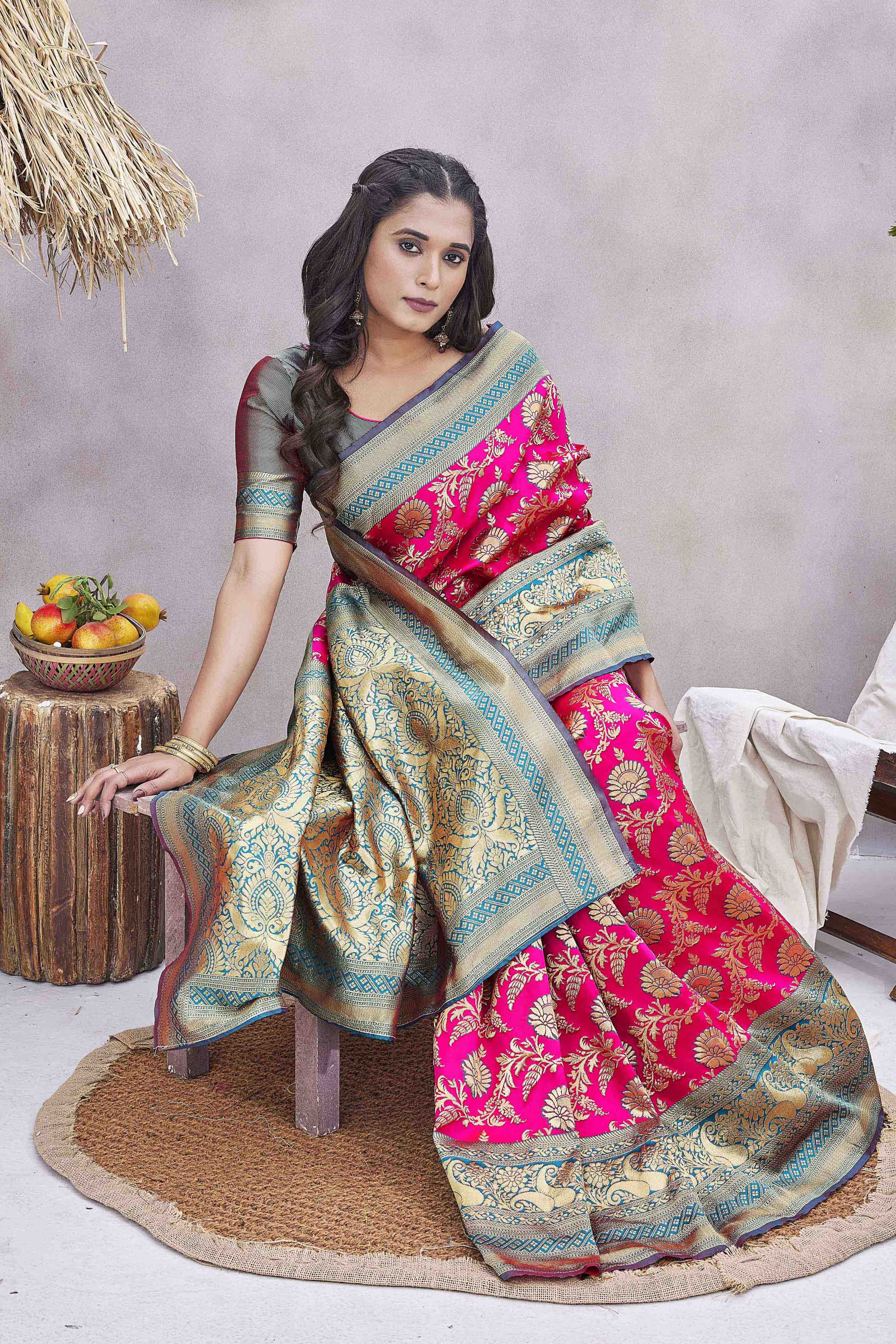 Floral Woven Design Zari Baluchari Saree