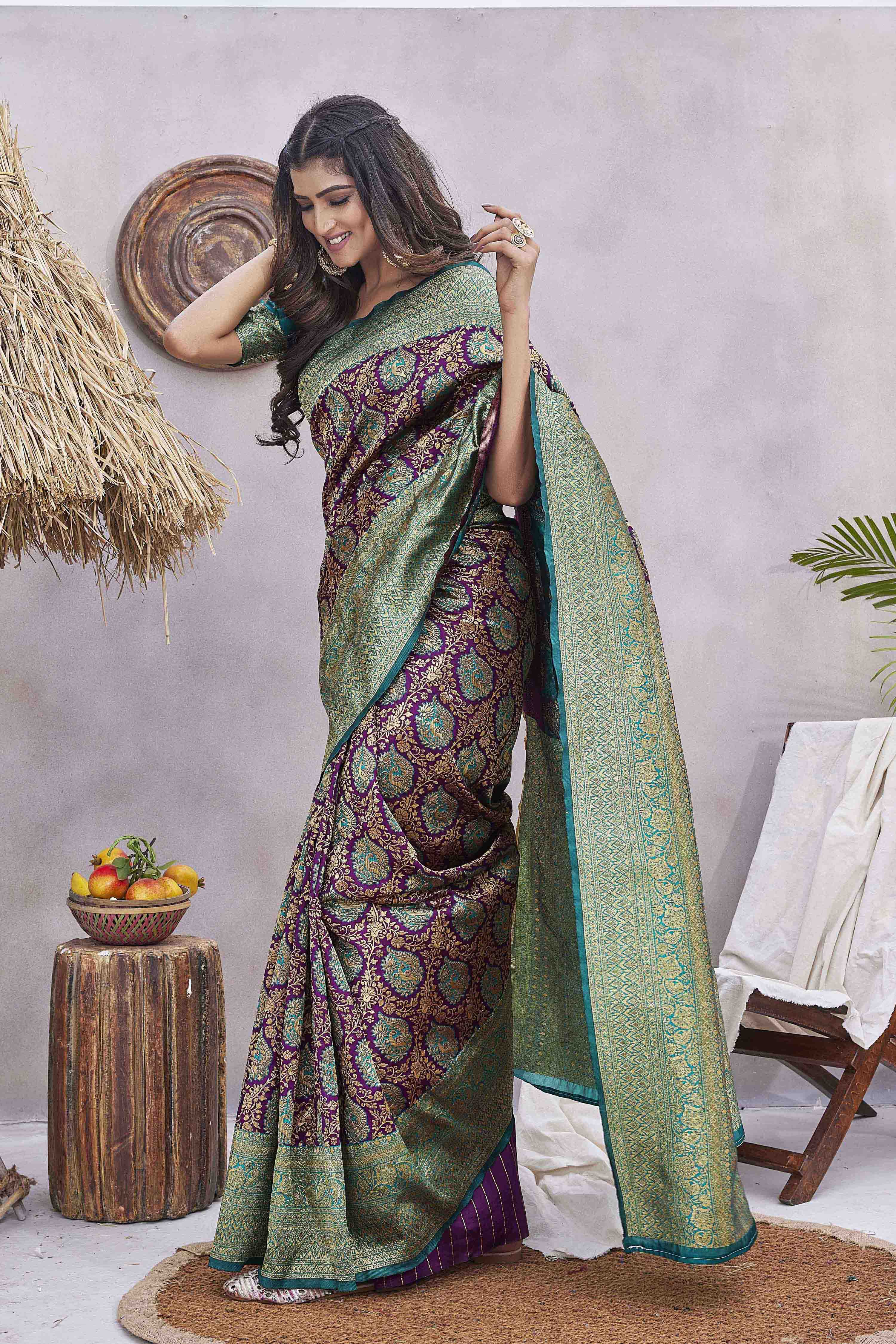 Floral Woven Design Zari Baluchari Saree