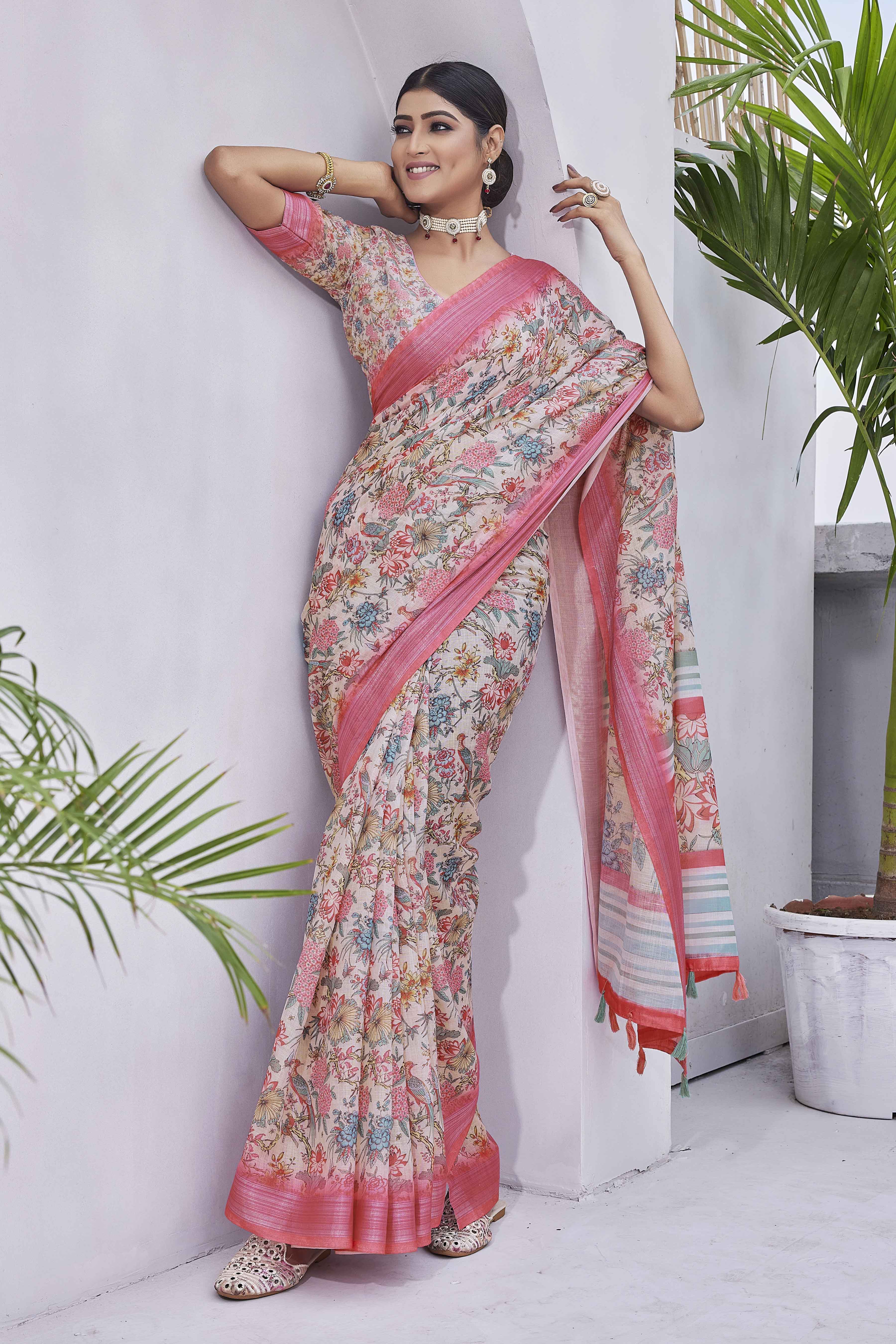 DIGITAL PRINT FLORAL WOVEN DESIGN COTTON LINEN ZARI BORDER SAREE