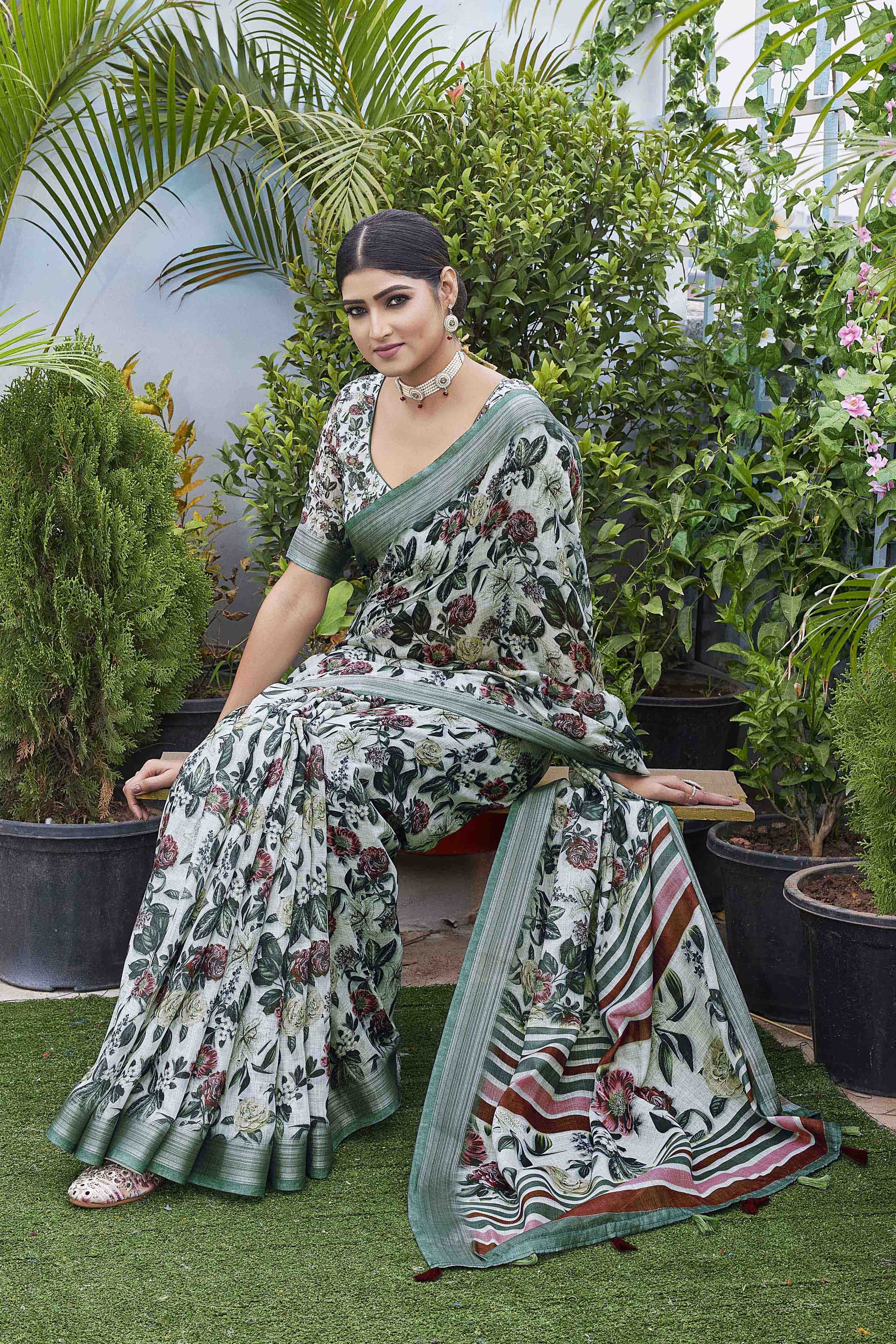 DIGITAL PRINT FLORAL WOVEN DESIGN COTTON LINEN ZARI BORDER SAREE