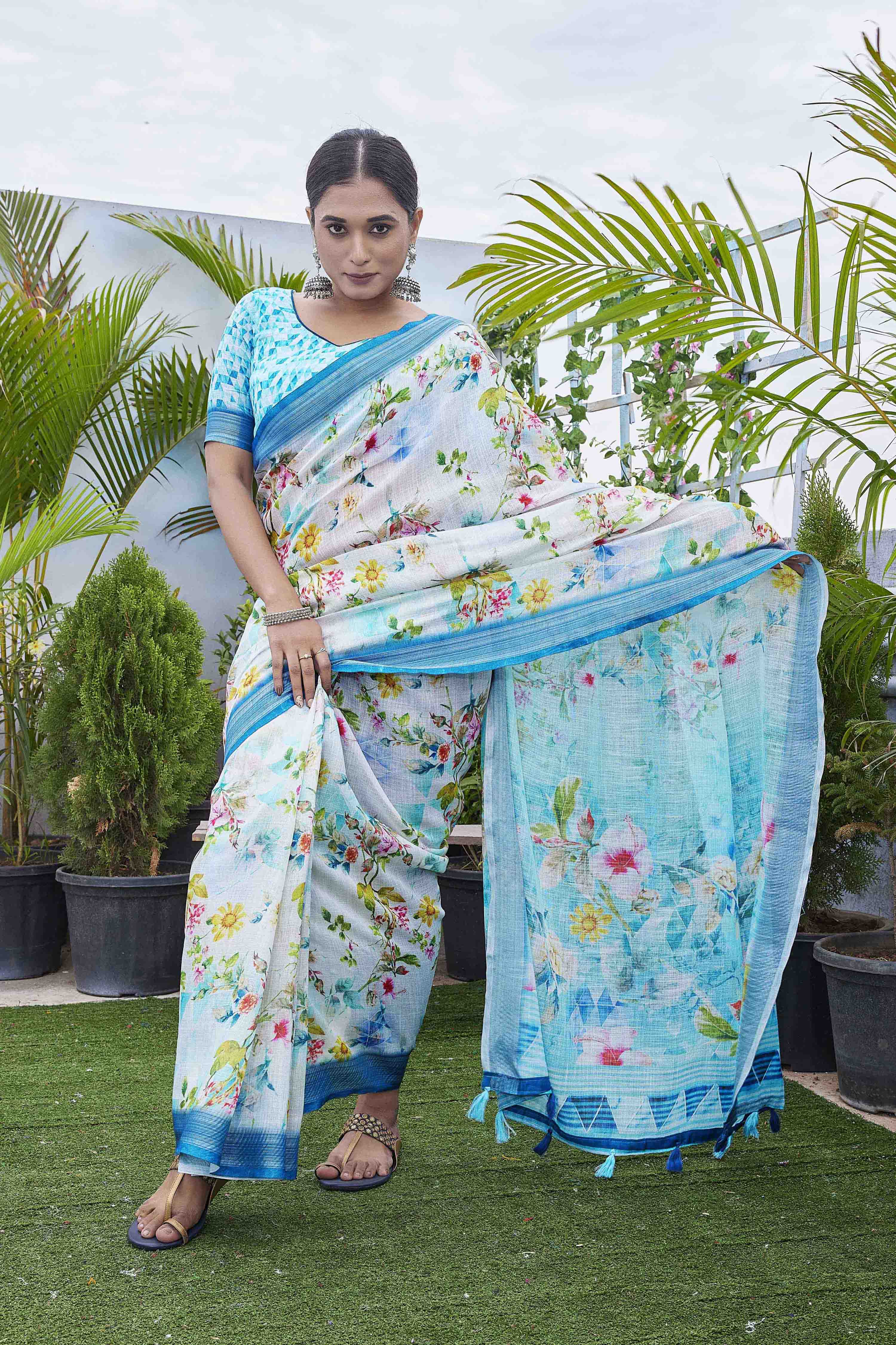 DIGITAL PRINT FLORAL WOVEN DESIGN COTTON LINEN ZARI BORDER SAREE