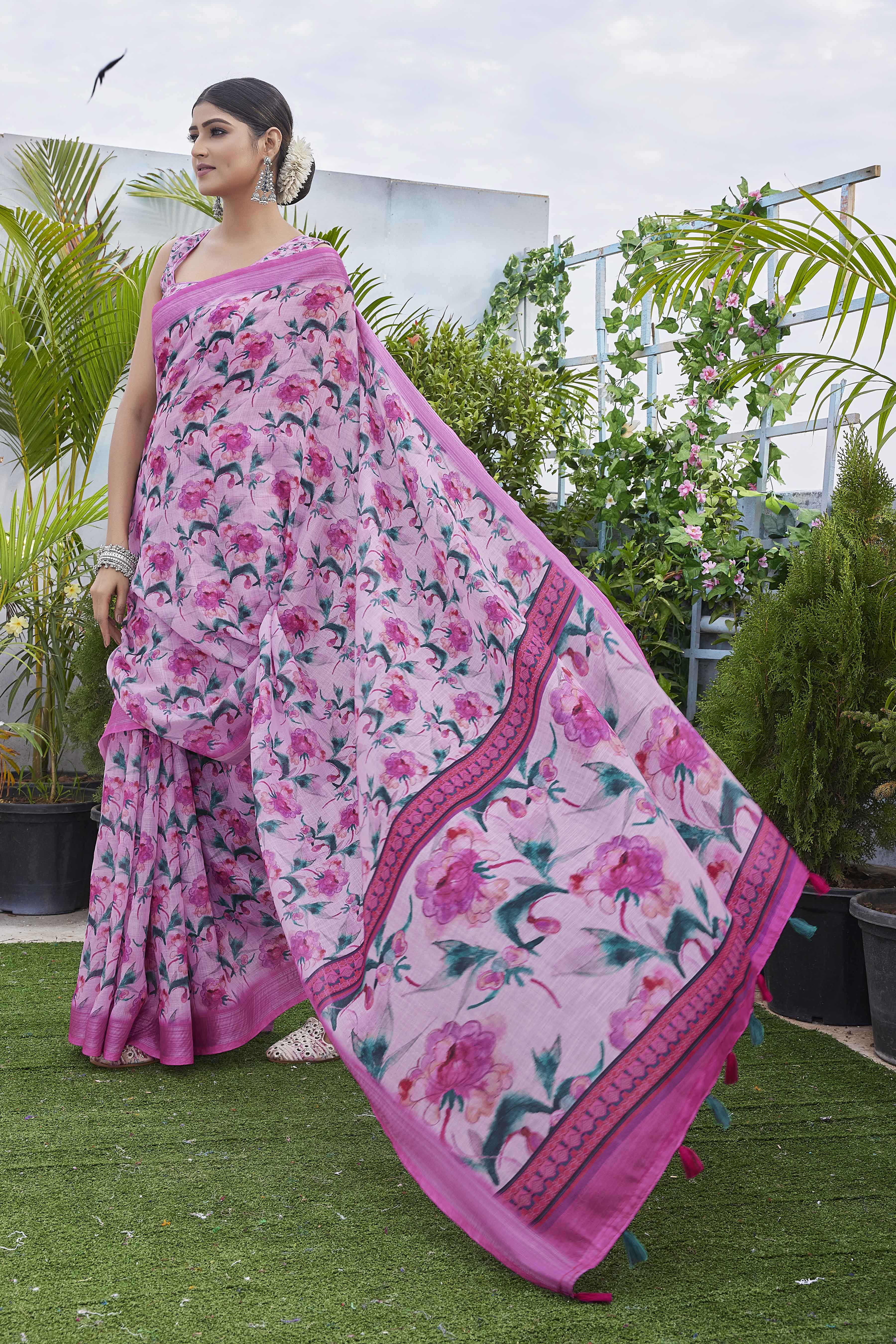 DIGITAL PRINT FLORAL WOVEN DESIGN COTTON LINEN ZARI BORDER SAREE