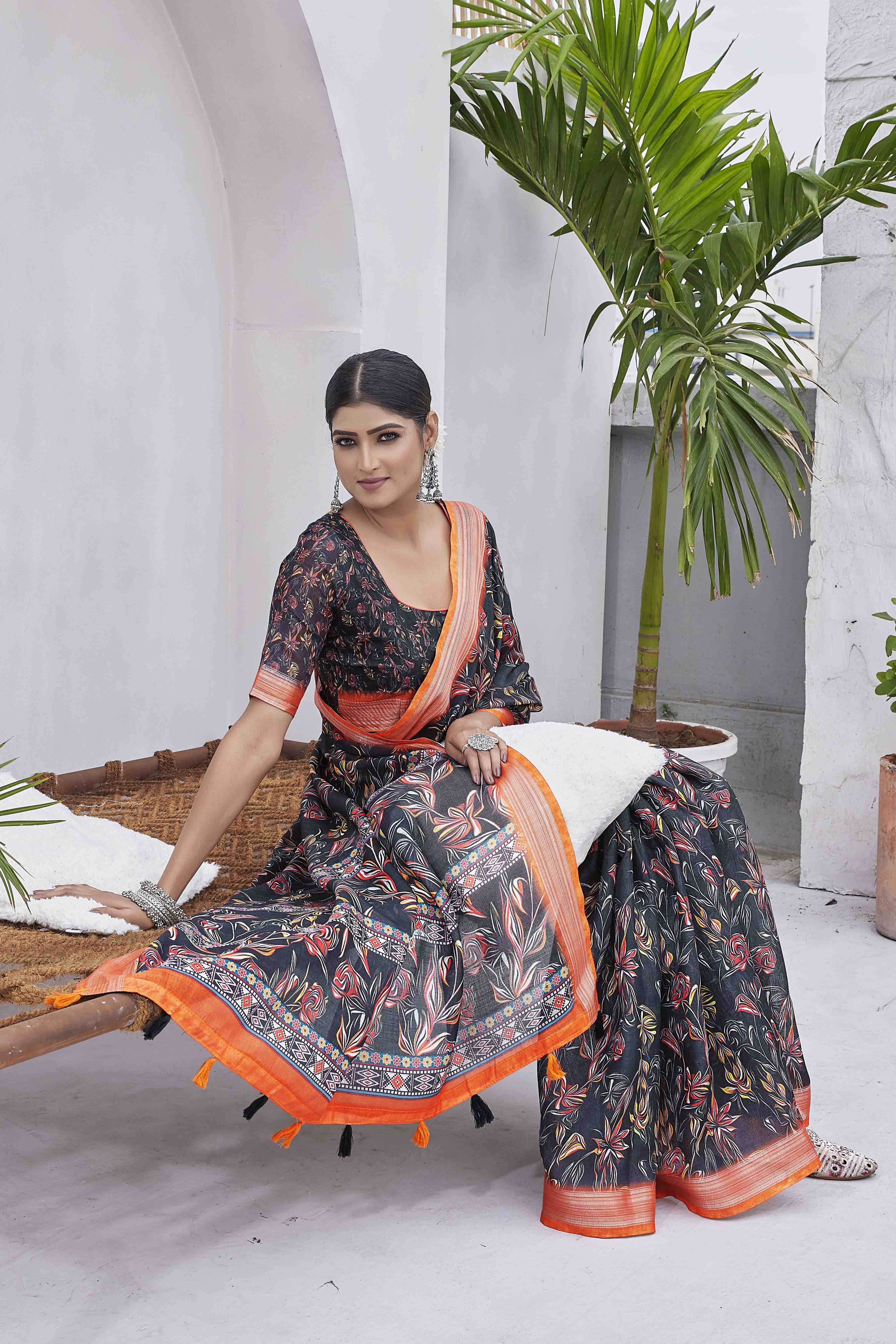DIGITAL PRINT FLORAL WOVEN DESIGN COTTON LINEN ZARI BORDER SAREE