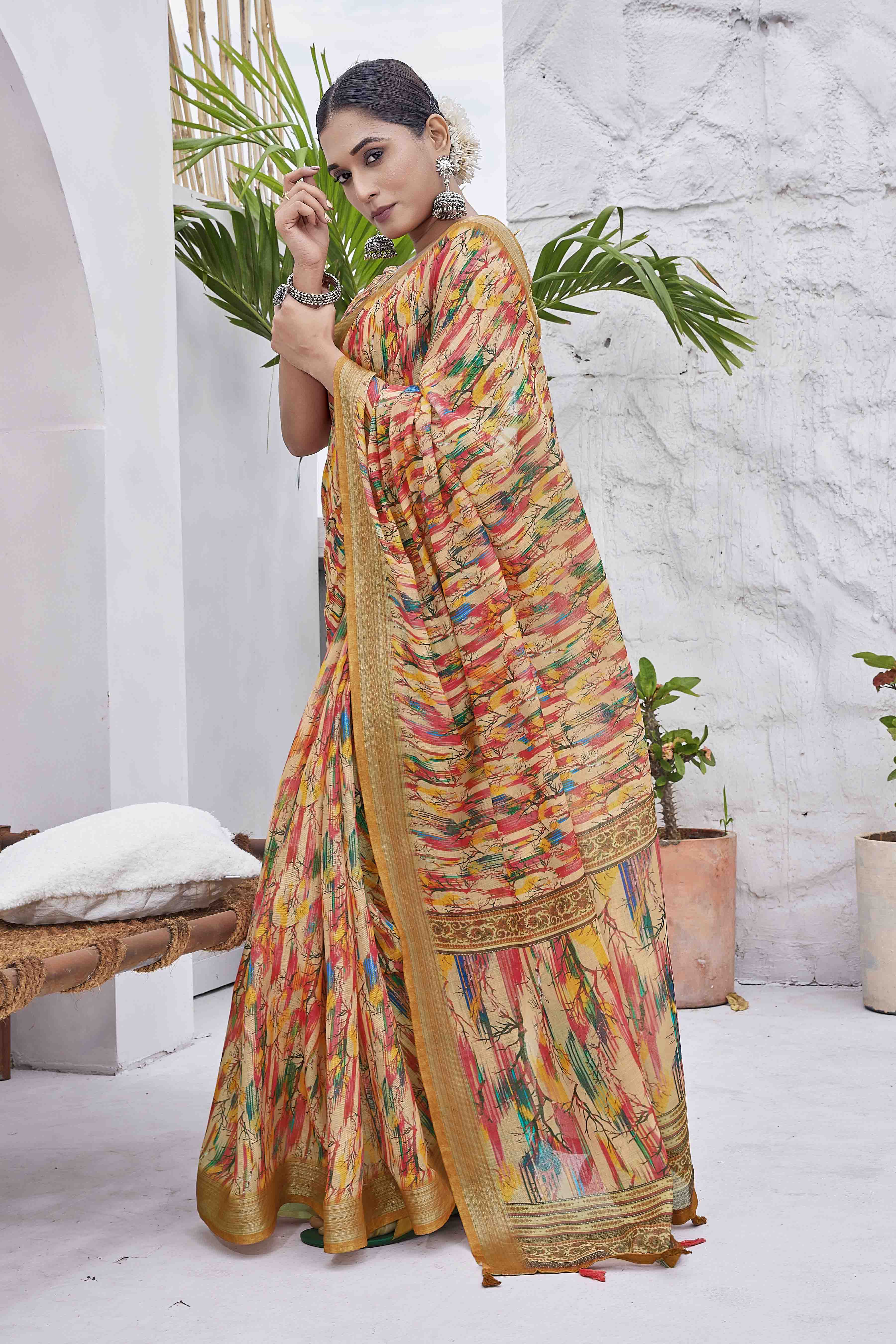 DIGITAL PRINT WOVEN DESIGN COTTON LINEN ZARI BORDER SAREE