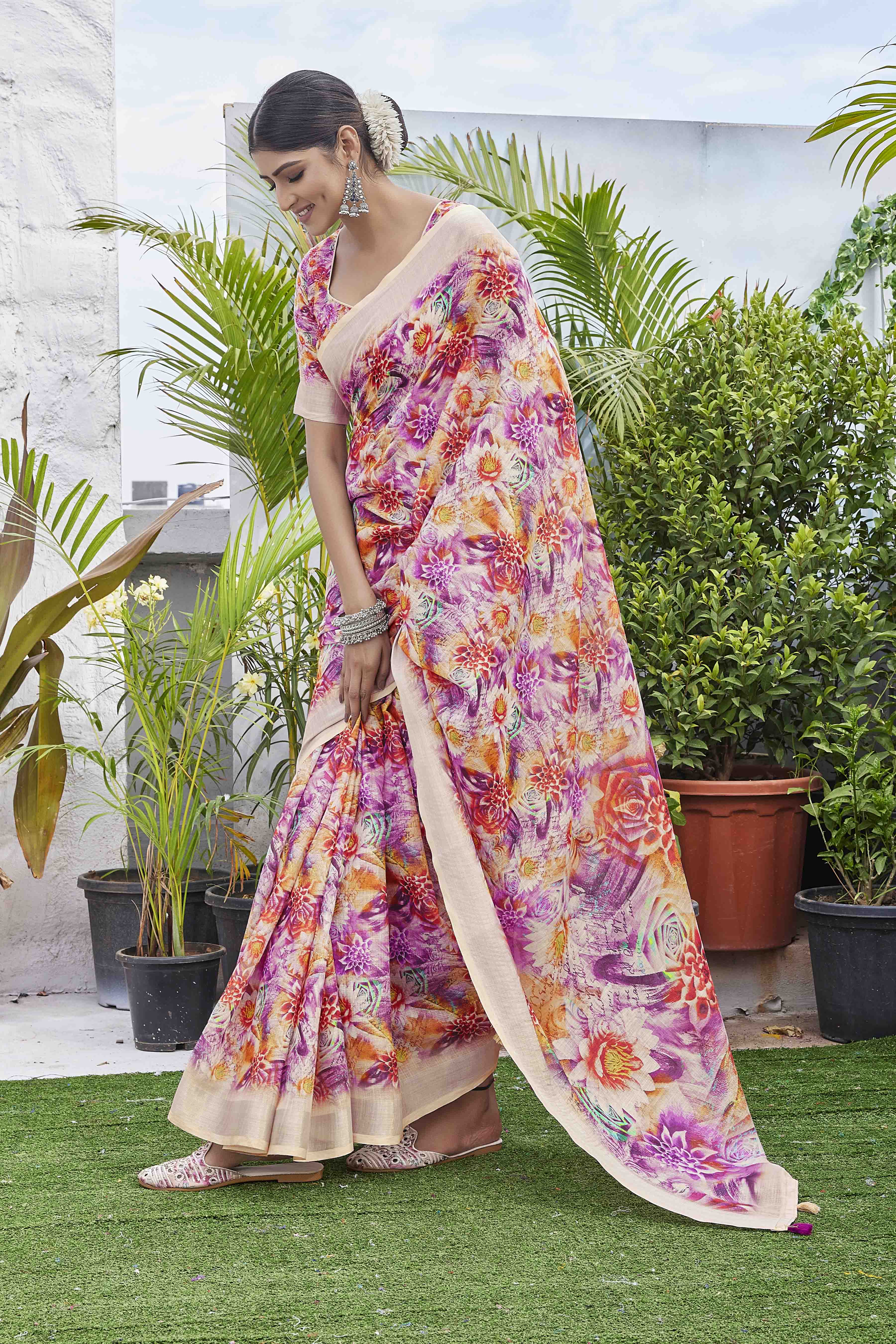 DIGITAL PRINT WOVEN DESIGN COTTON LINEN ZARI BORDER SAREE