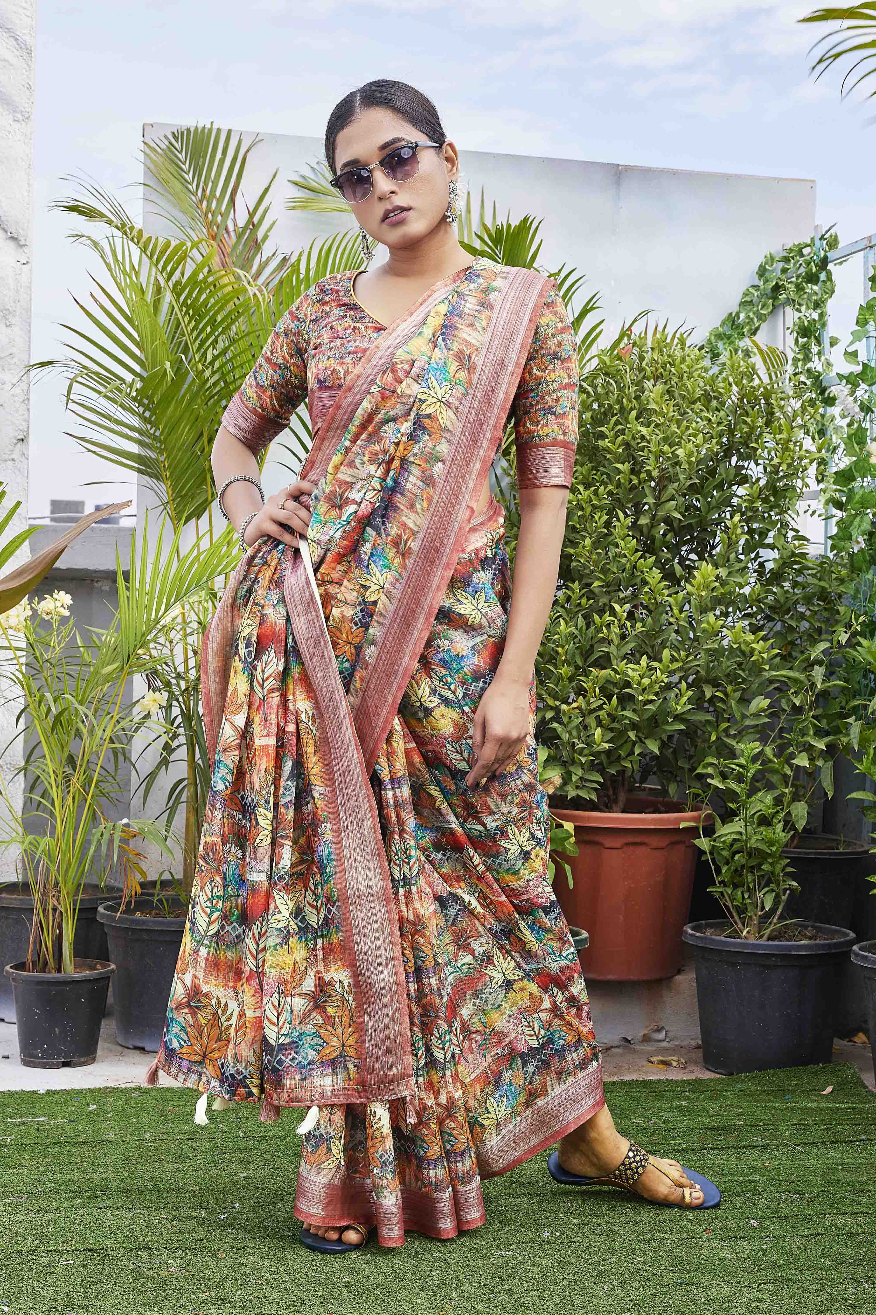 DIGITAL PRINT ETHNIC MOTIFS WOVEN DESIGN COTTON LINEN ZARI BORDER SAREE