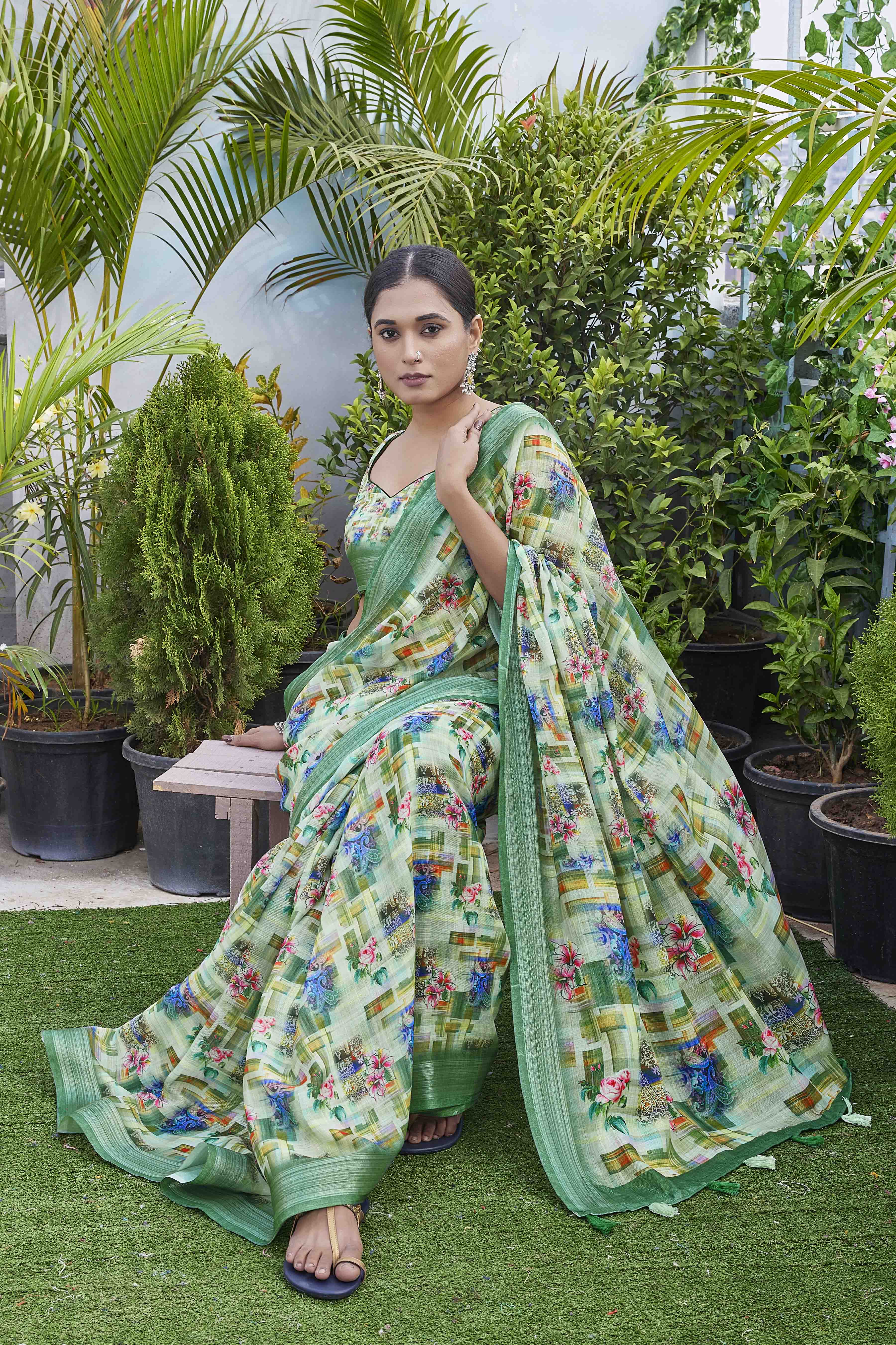 DIGITAL PRINT CHECKED WOVEN DESIGN COTTON LINEN ZARI BORDER SAREE
