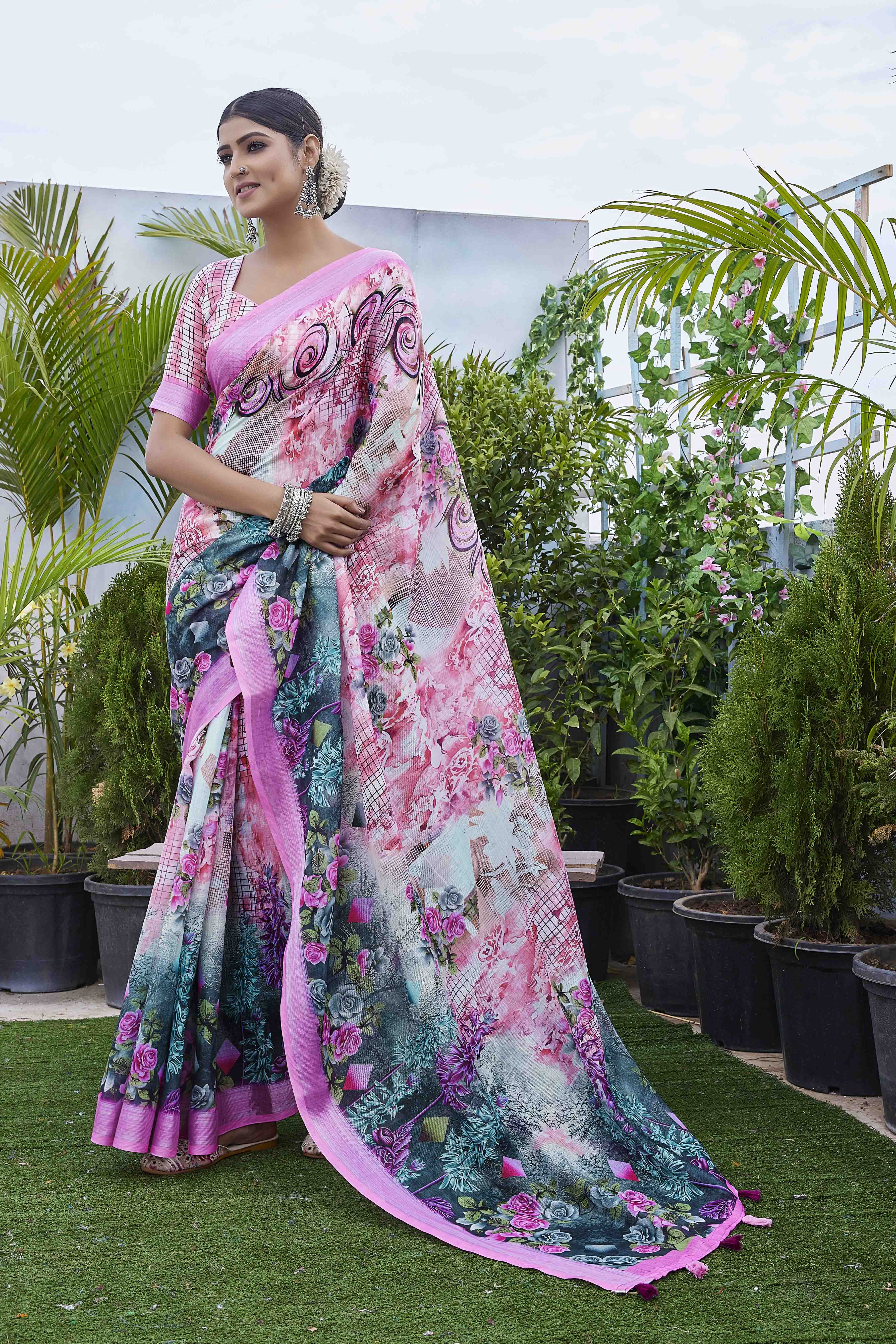 DIGITAL PRINT WOVEN DESIGN COTTON LINEN ZARI BORDER SAREE
