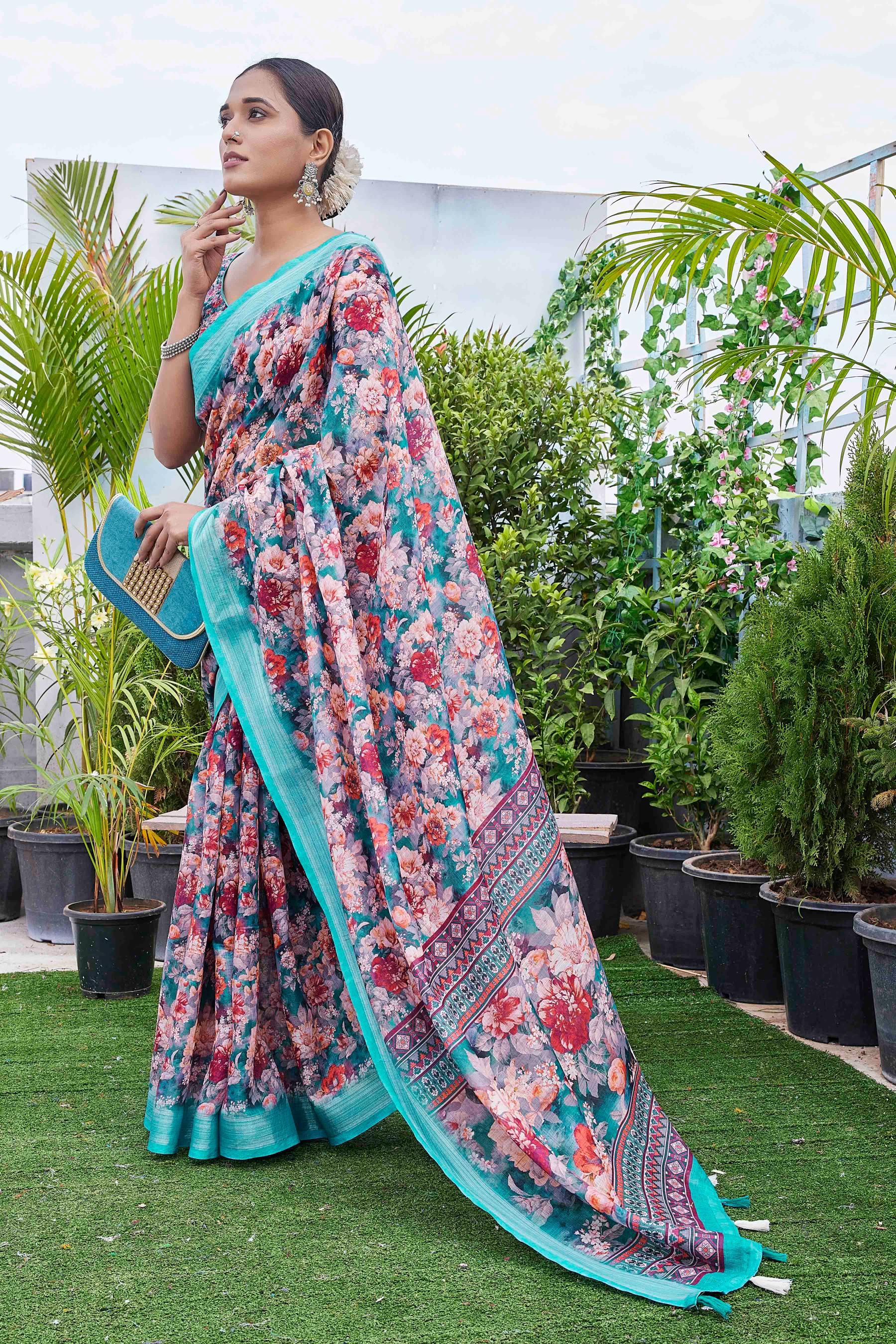 DIGITAL PRINT FLORAL WOVEN DESIGN COTTON LINEN ZARI BORDER SAREE