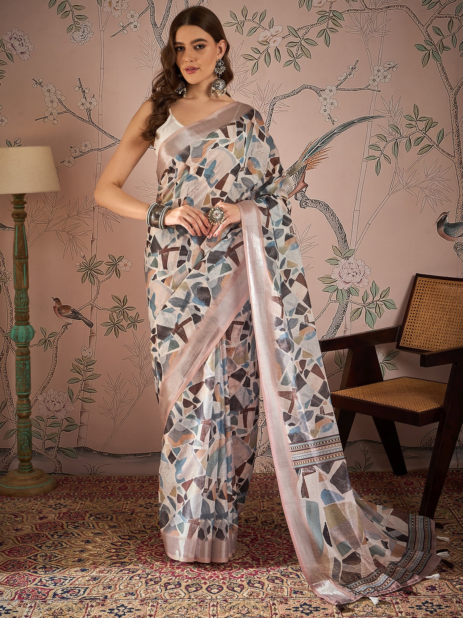 Floral Zari Linen Blend Block Print Saree