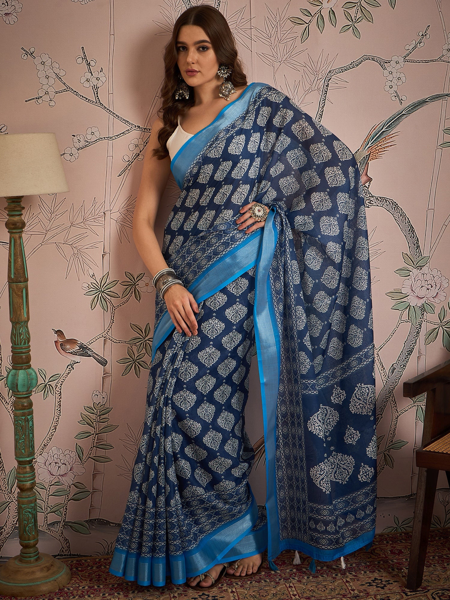 Ajrak Block Zari Linen Blend Saree