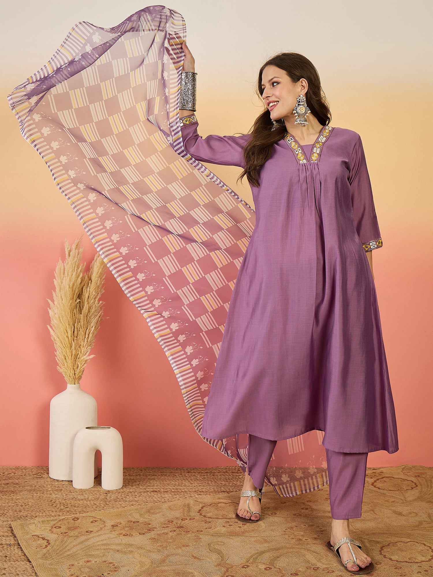 Embroidered Kurta With Trousers & Printed Dupatta
