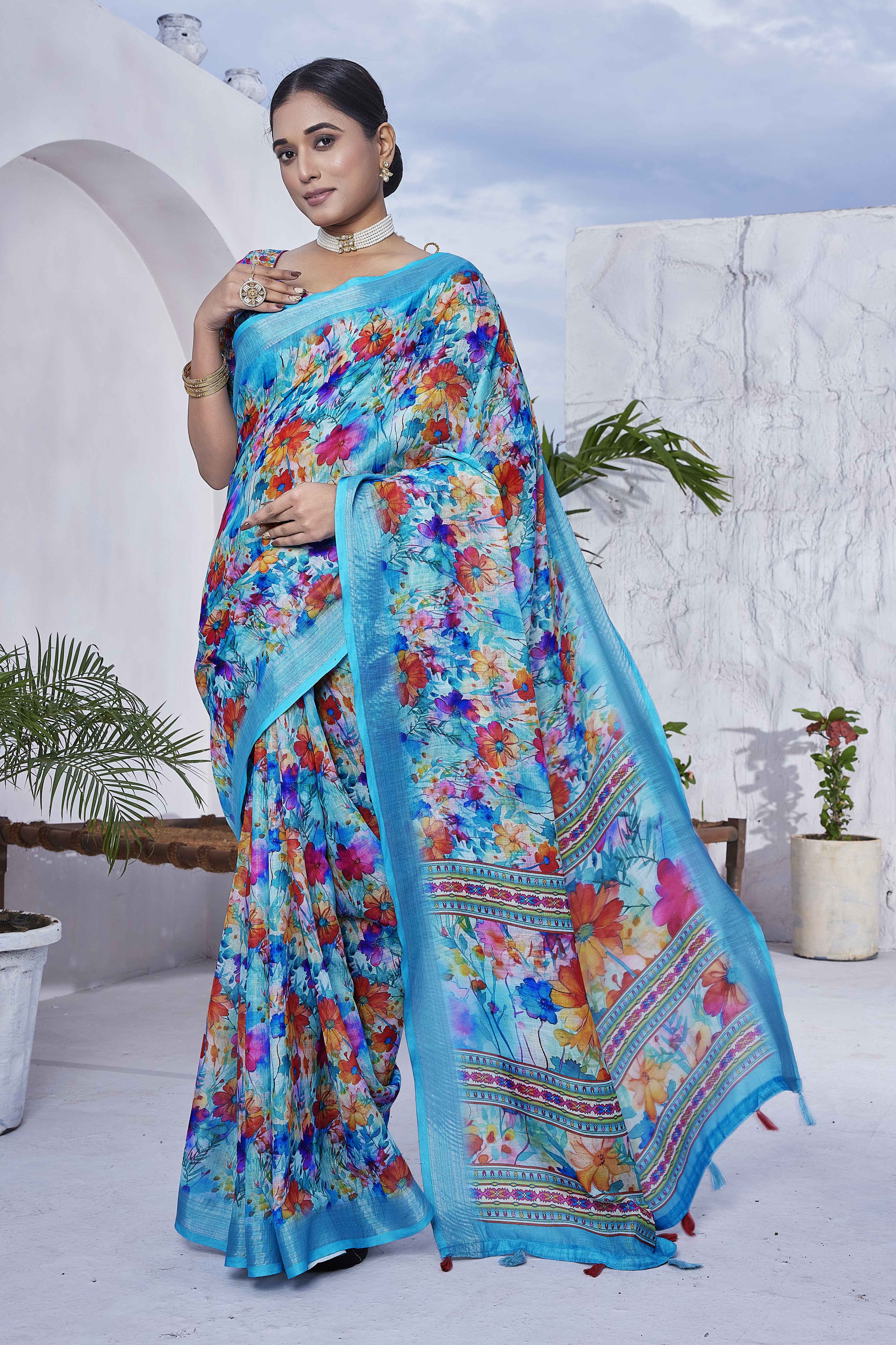 Digital Print Floral Woven Design Cotton Linen Zari Border Saree