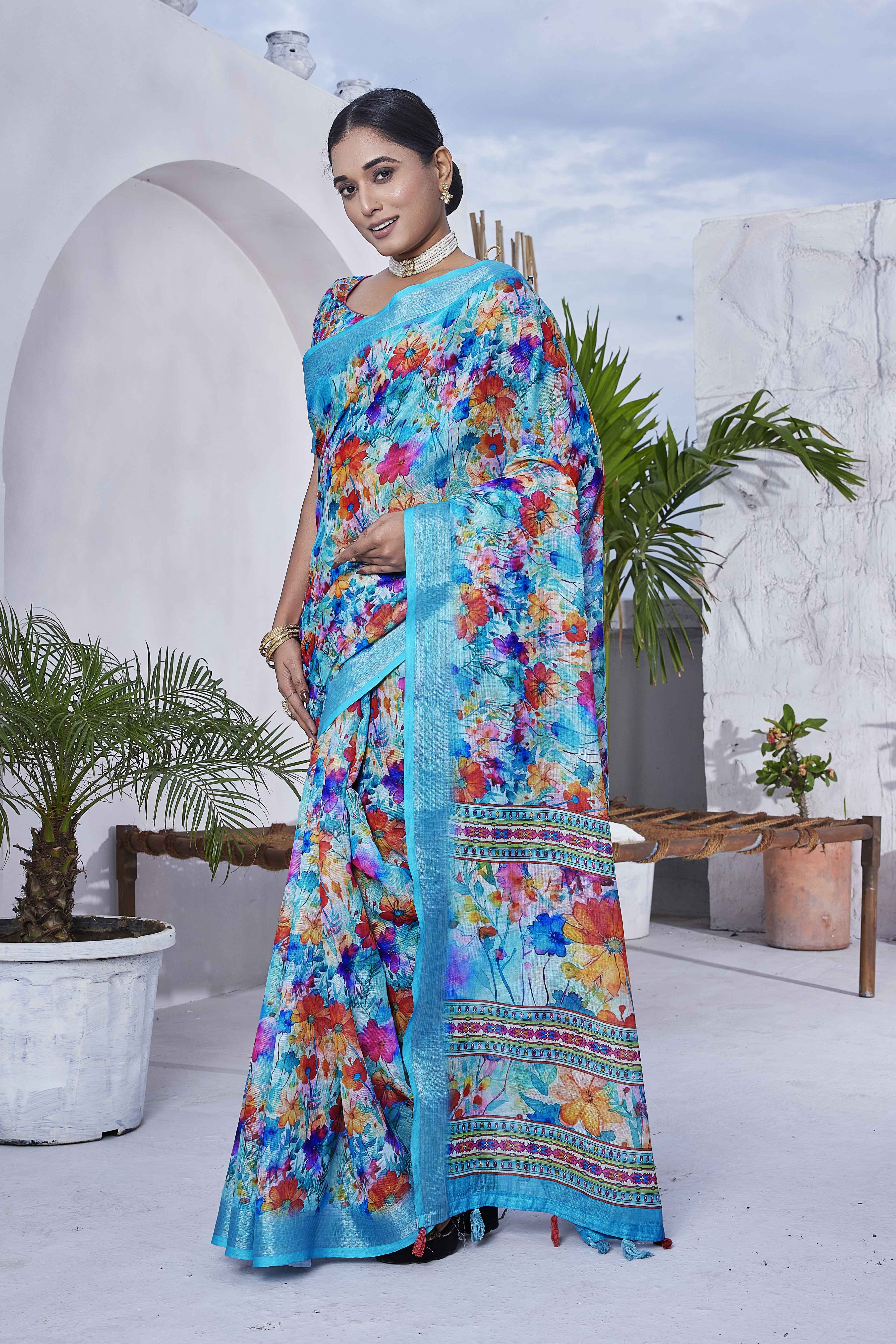 Digital Print Floral Woven Design Cotton Linen Zari Border Saree