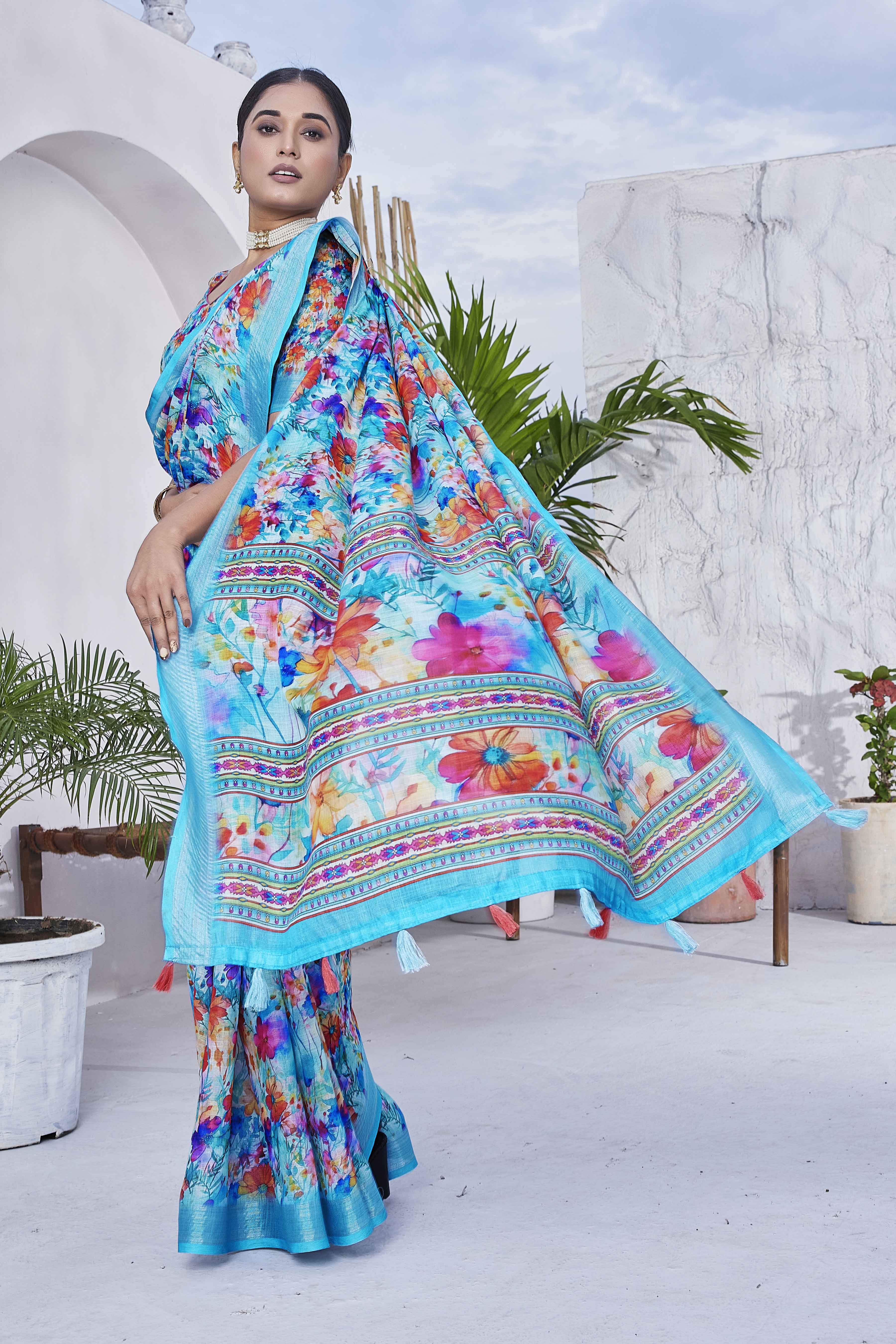 Digital Print Floral Woven Design Cotton Linen Zari Border Saree