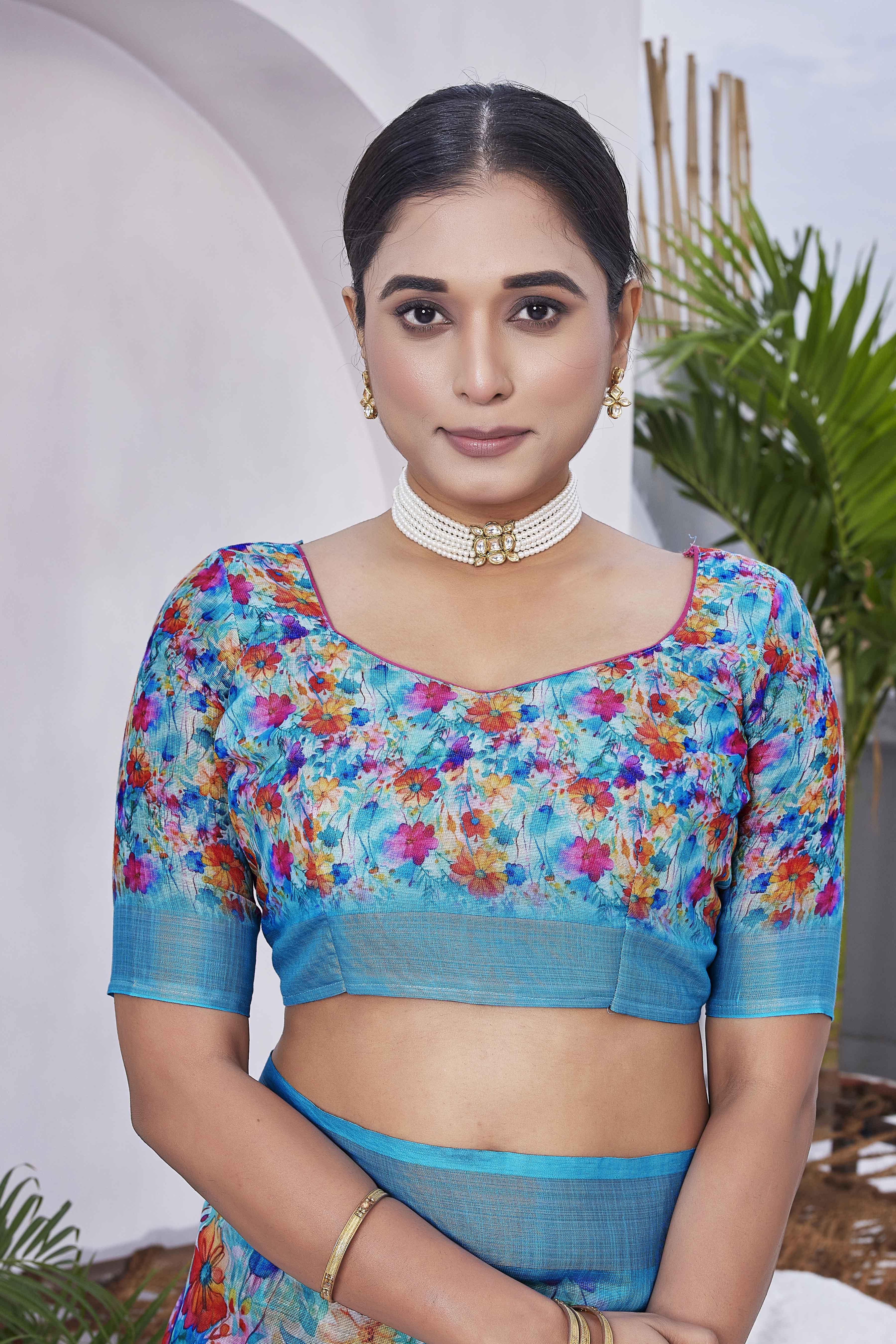 Digital Print Floral Woven Design Cotton Linen Zari Border Saree