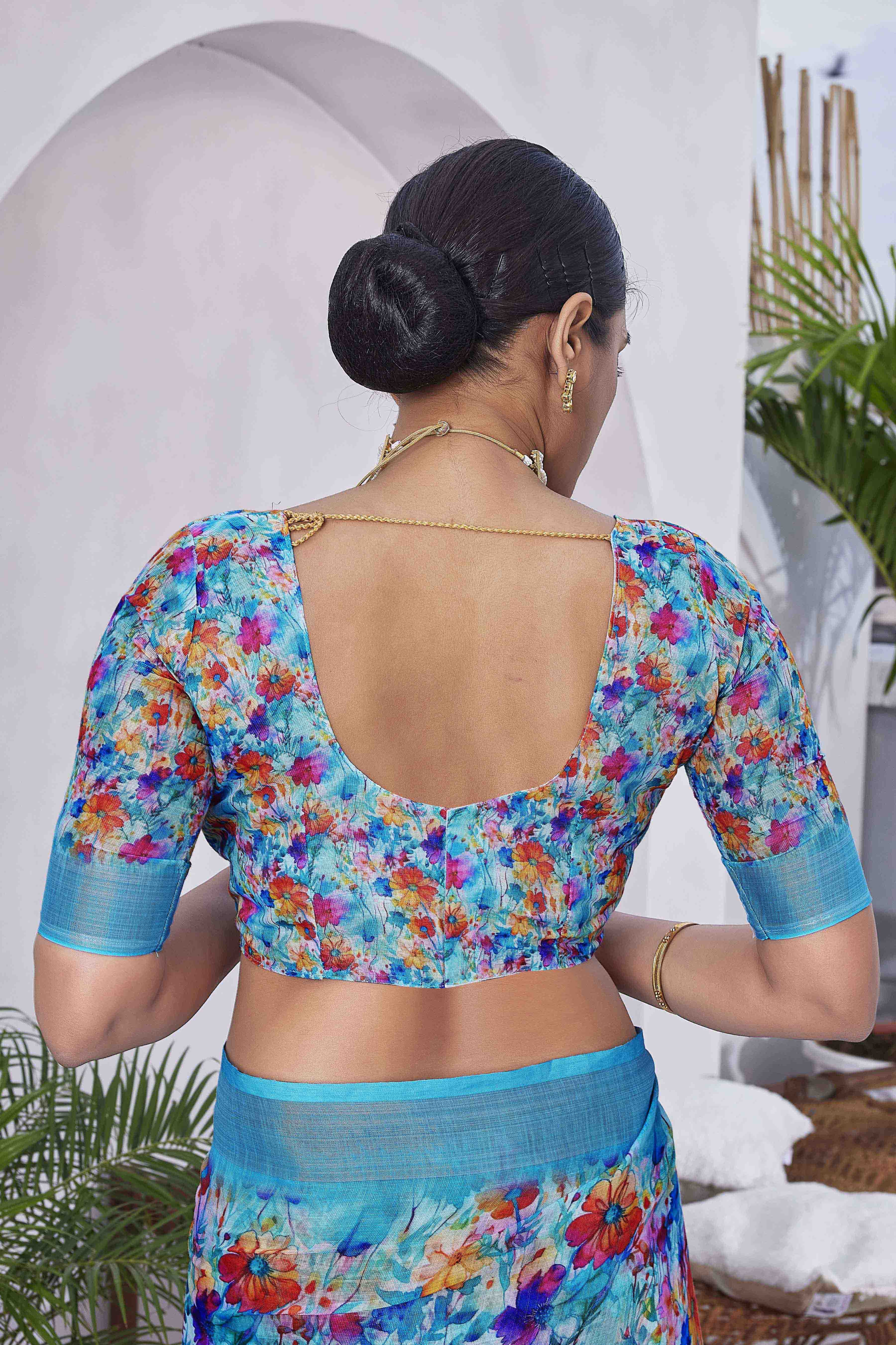 Digital Print Floral Woven Design Cotton Linen Zari Border Saree