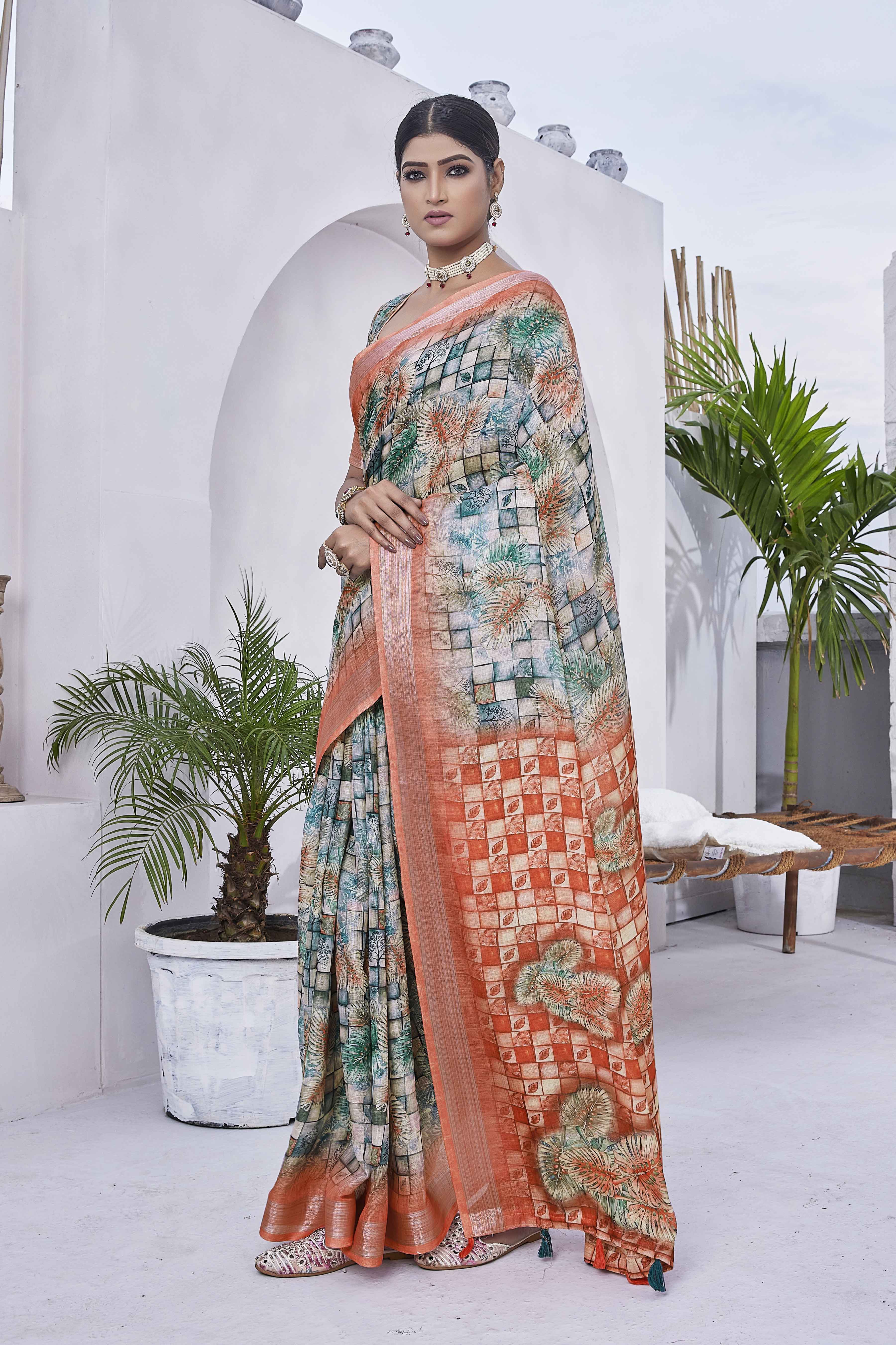 Digital Print Checked Woven Design Cotton Linen Zari Border Saree