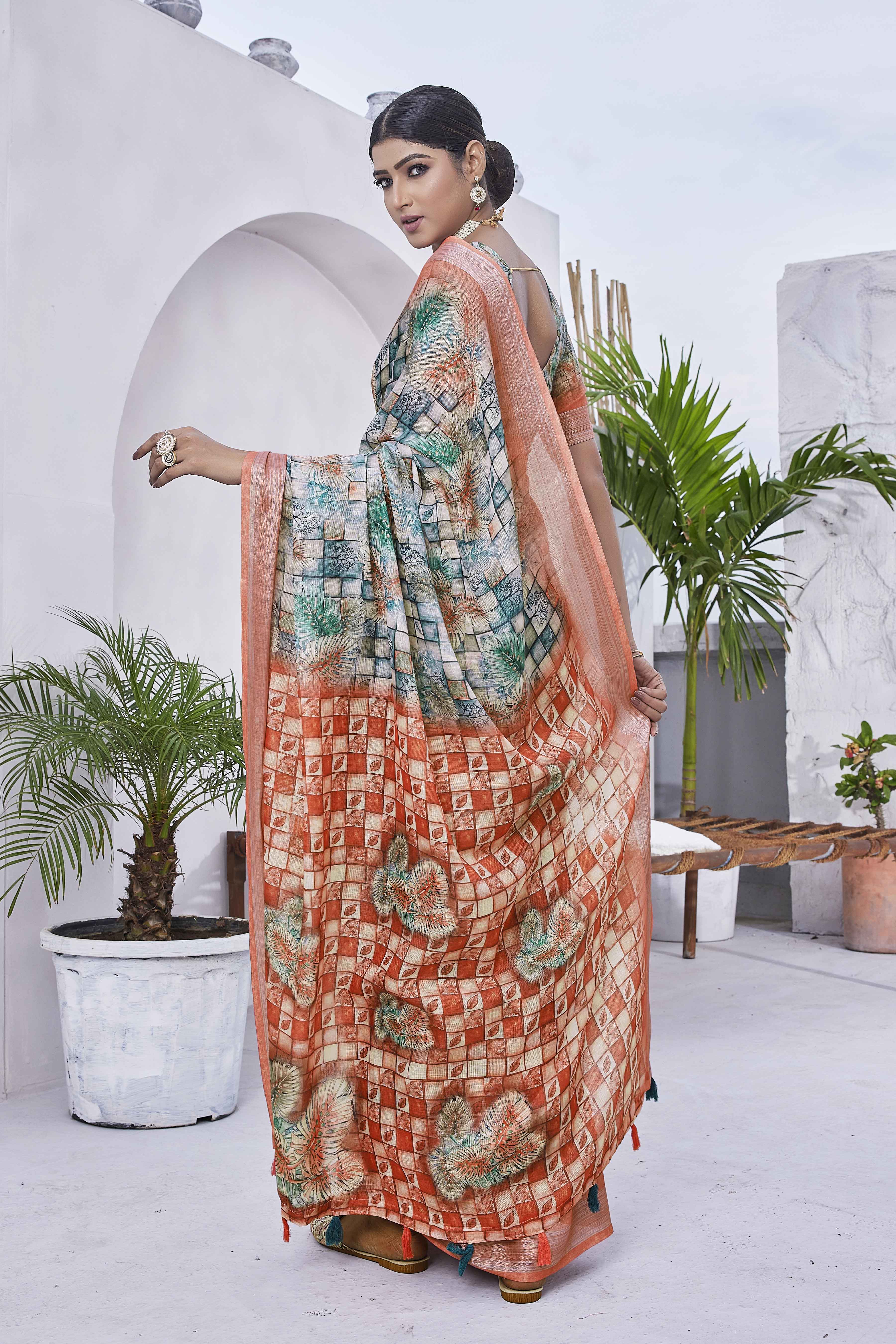 Digital Print Checked Woven Design Cotton Linen Zari Border Saree