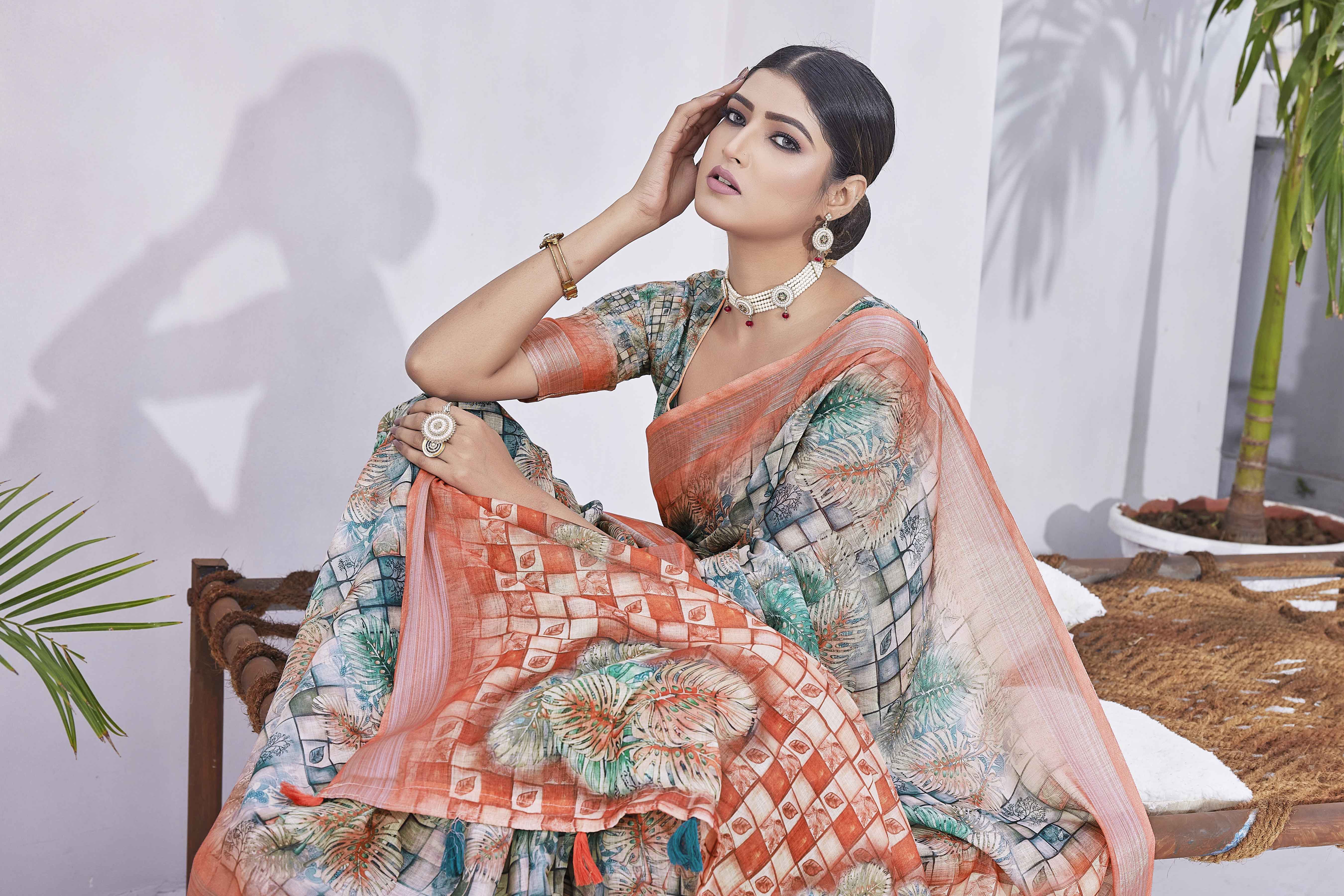 Digital Print Checked Woven Design Cotton Linen Zari Border Saree