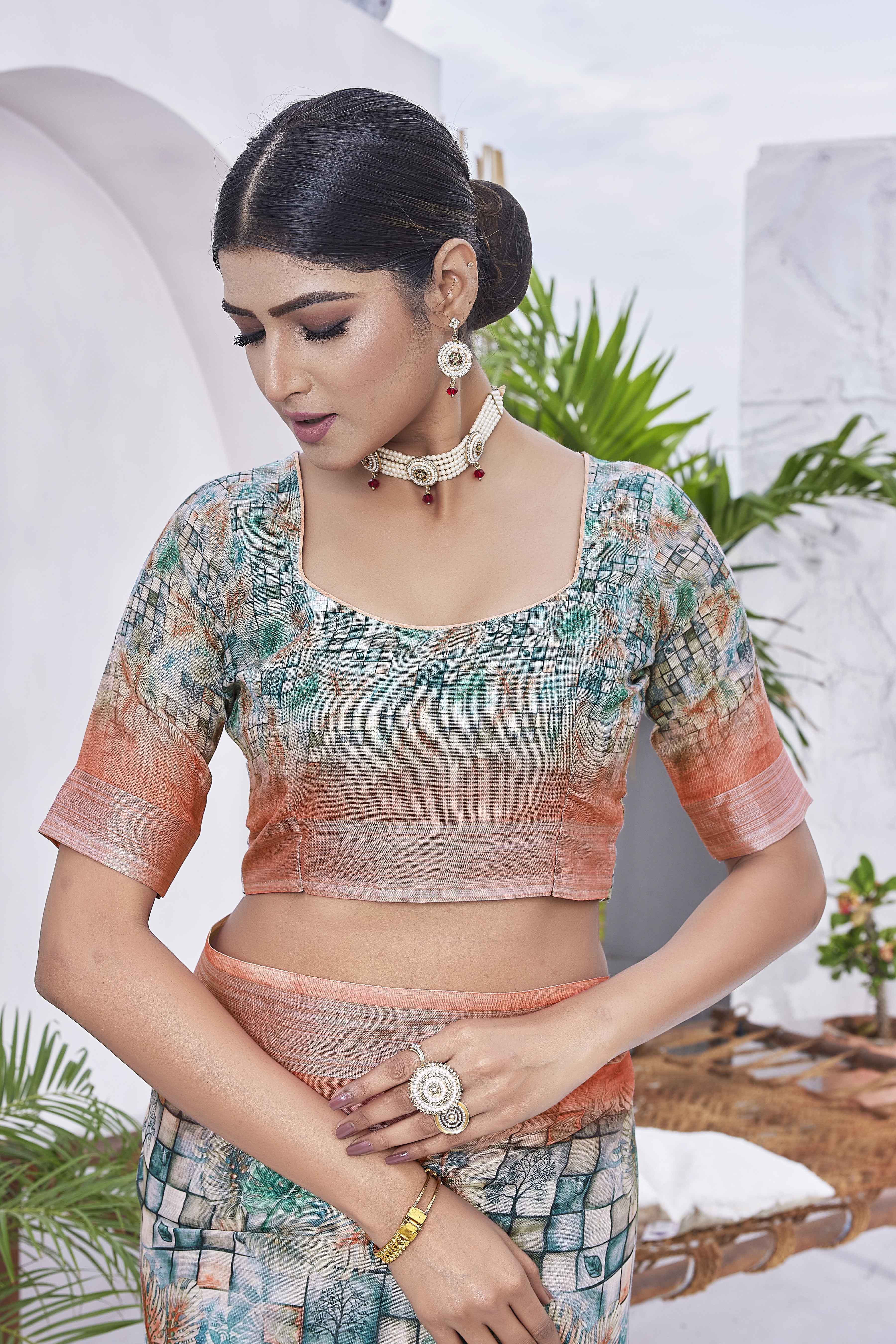 Digital Print Checked Woven Design Cotton Linen Zari Border Saree