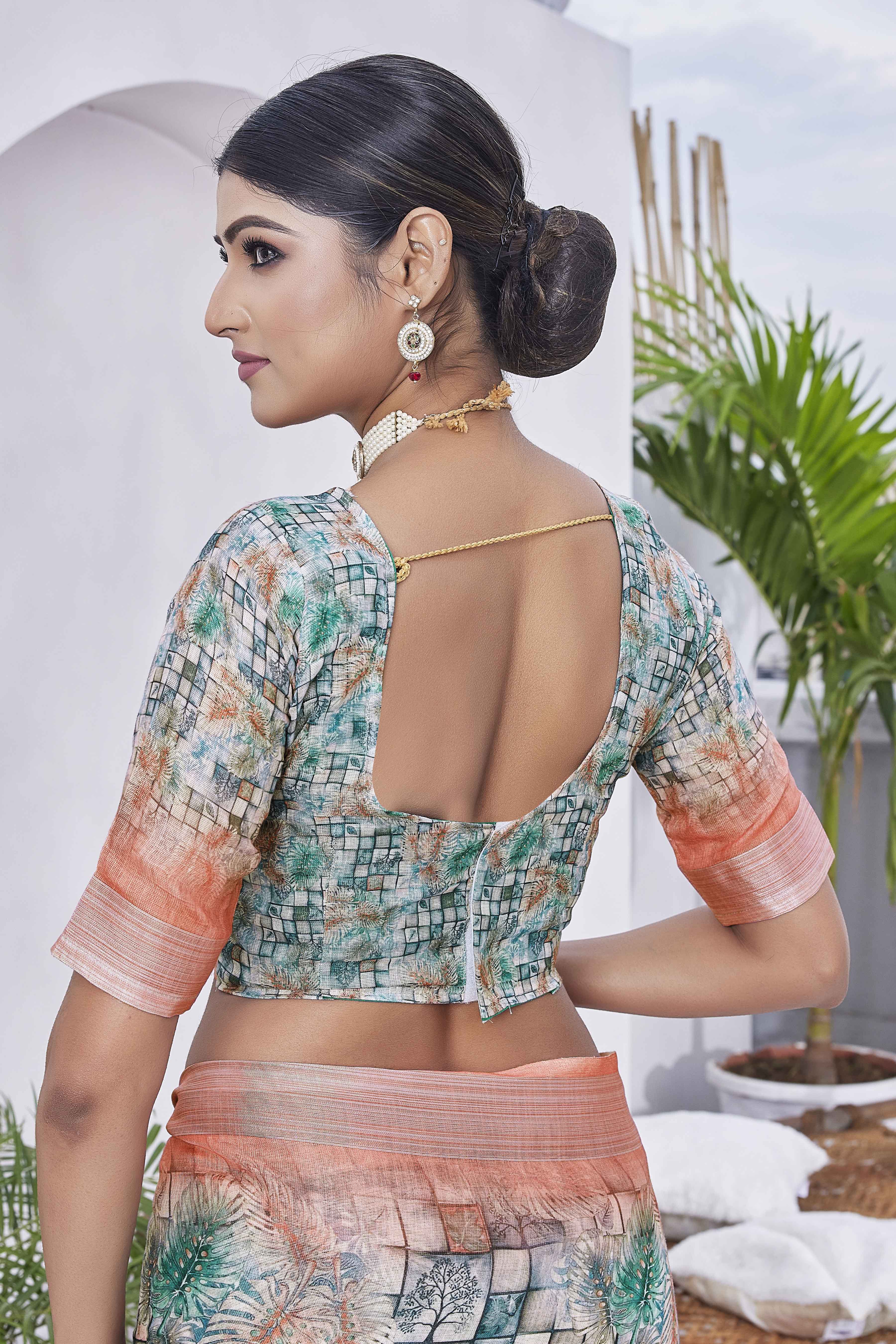 Digital Print Checked Woven Design Cotton Linen Zari Border Saree