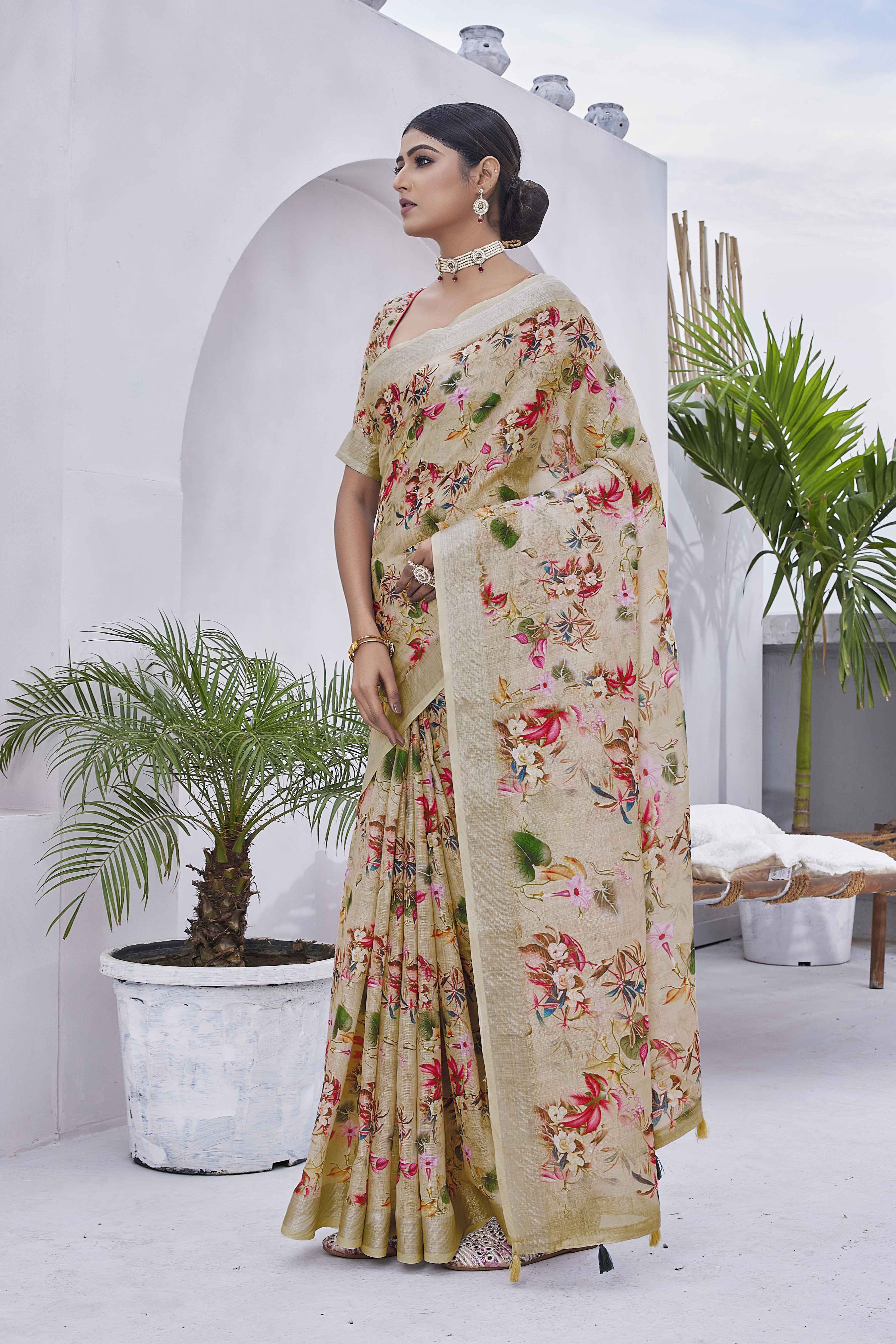 Digital Print Floral Woven Design Cotton Linen Zari Border Saree