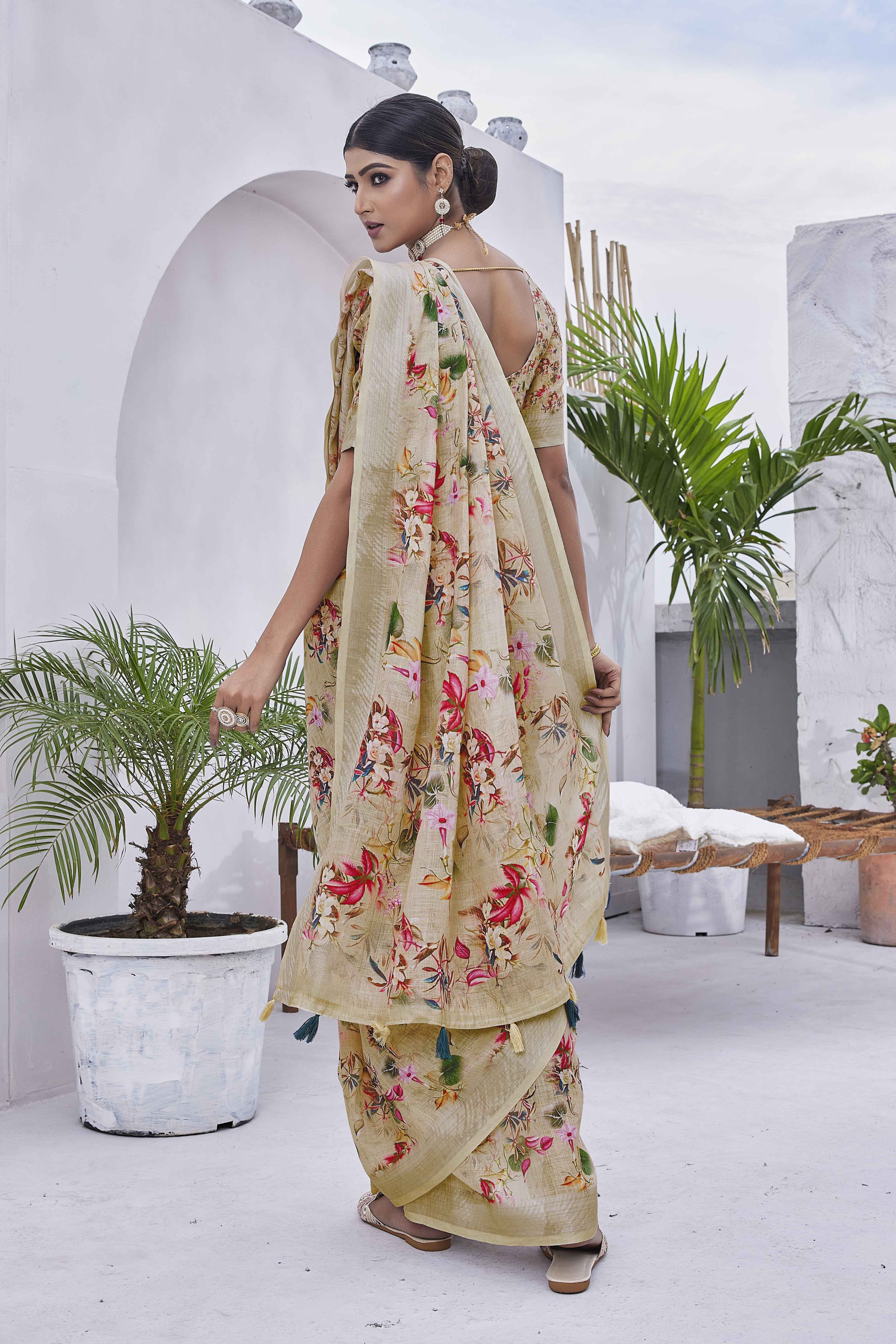 Digital Print Floral Woven Design Cotton Linen Zari Border Saree