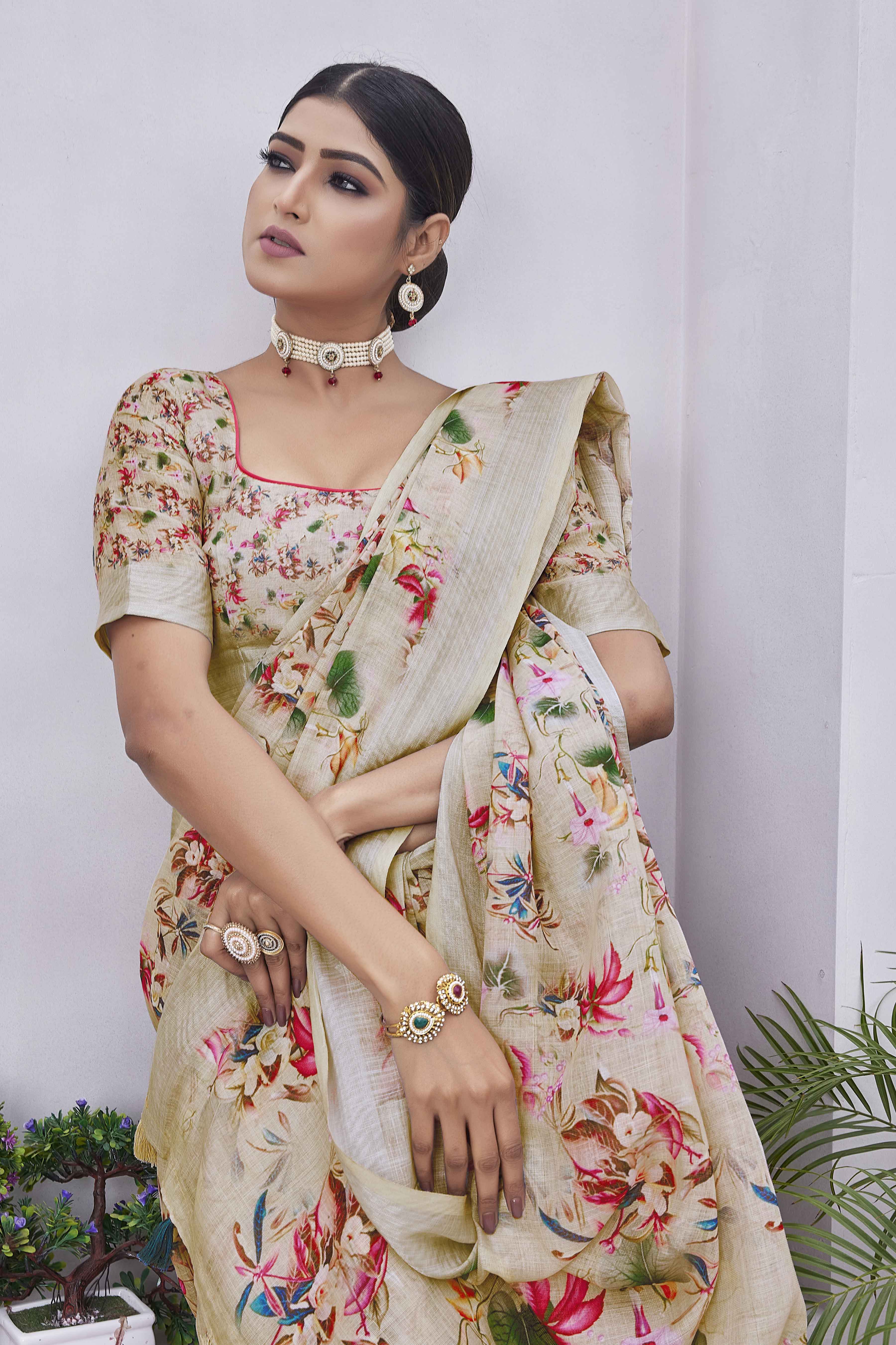 Digital Print Floral Woven Design Cotton Linen Zari Border Saree