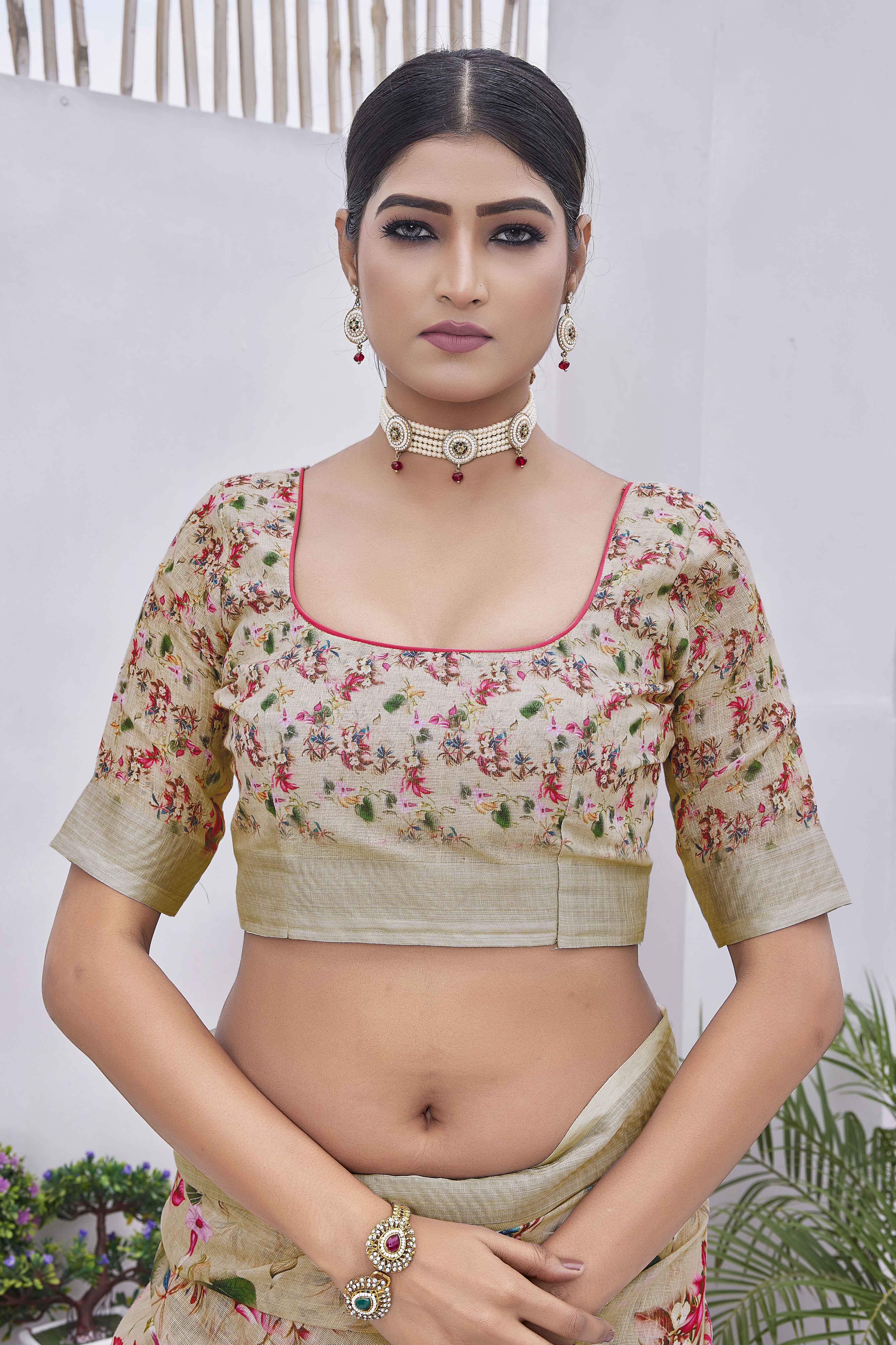 Digital Print Floral Woven Design Cotton Linen Zari Border Saree