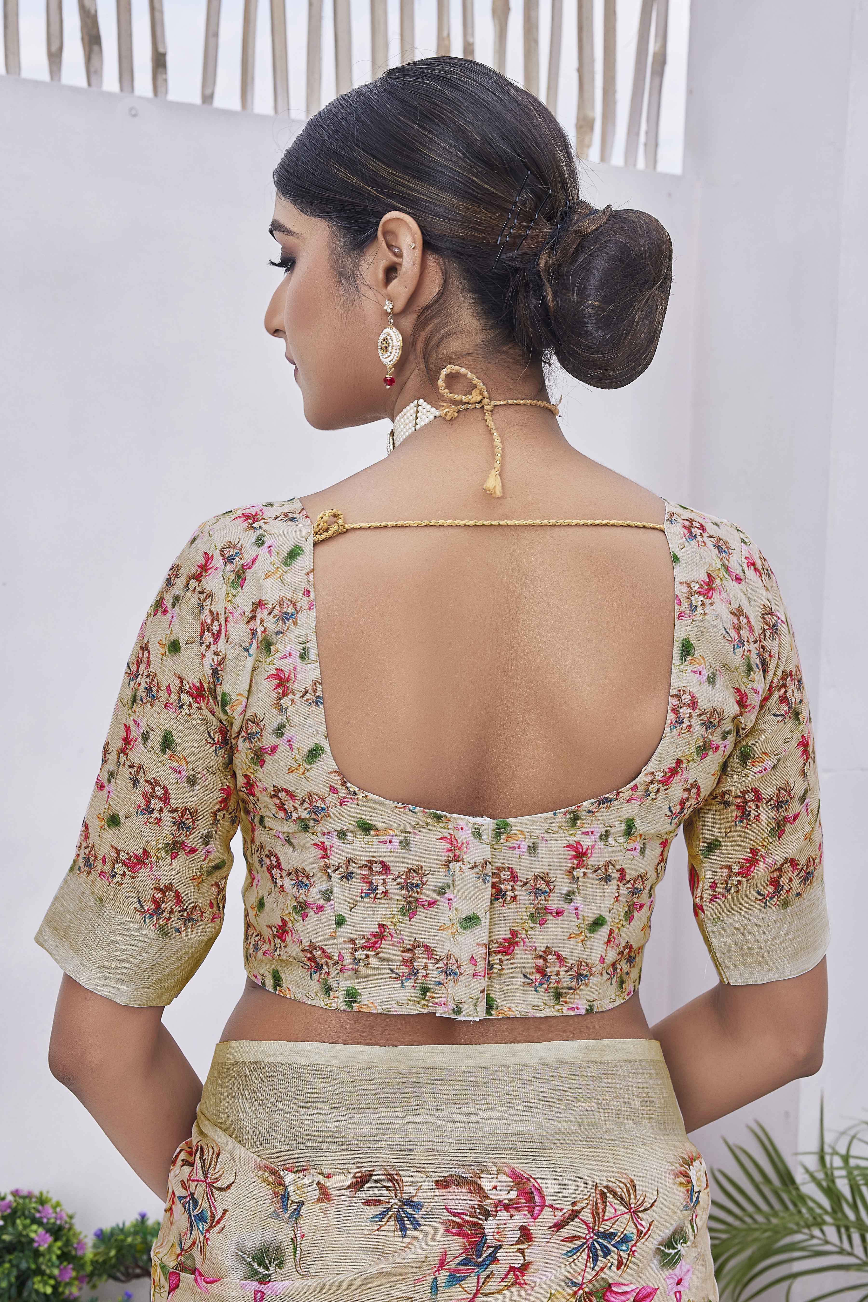 Digital Print Floral Woven Design Cotton Linen Zari Border Saree