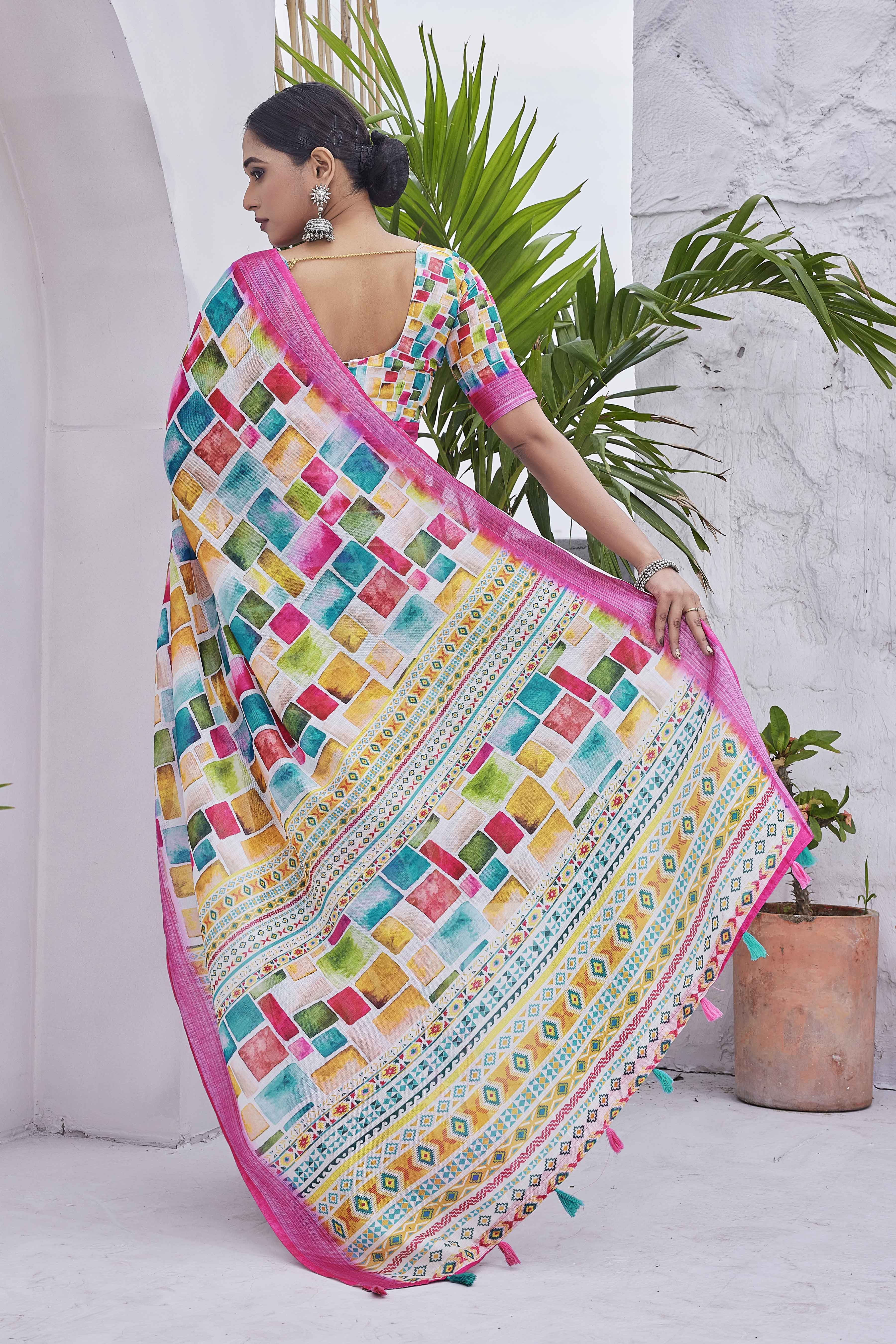 DIGITAL PRINT CHECKED COTTON LINEN ZARI BORDER SAREE