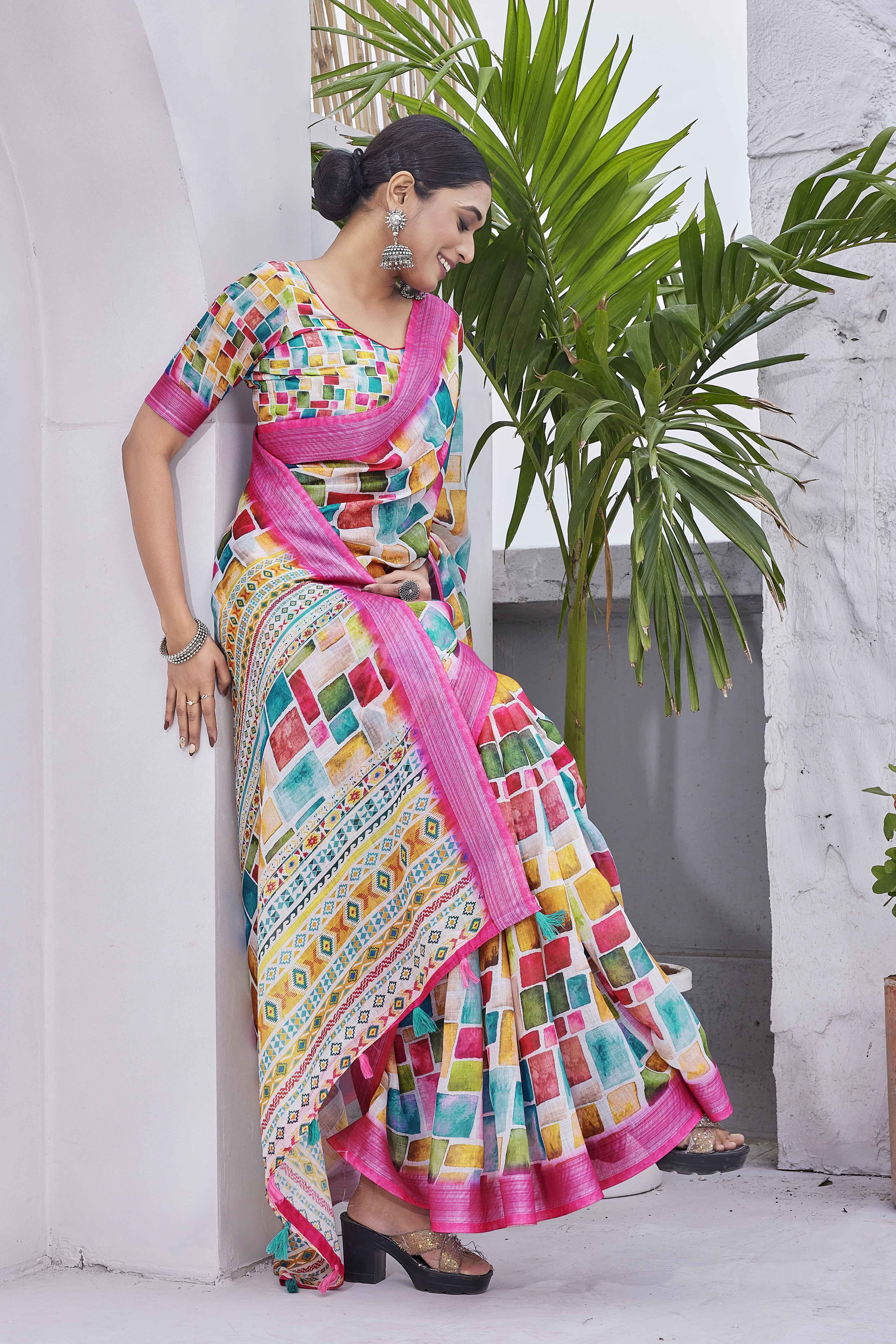 DIGITAL PRINT CHECKED COTTON LINEN ZARI BORDER SAREE