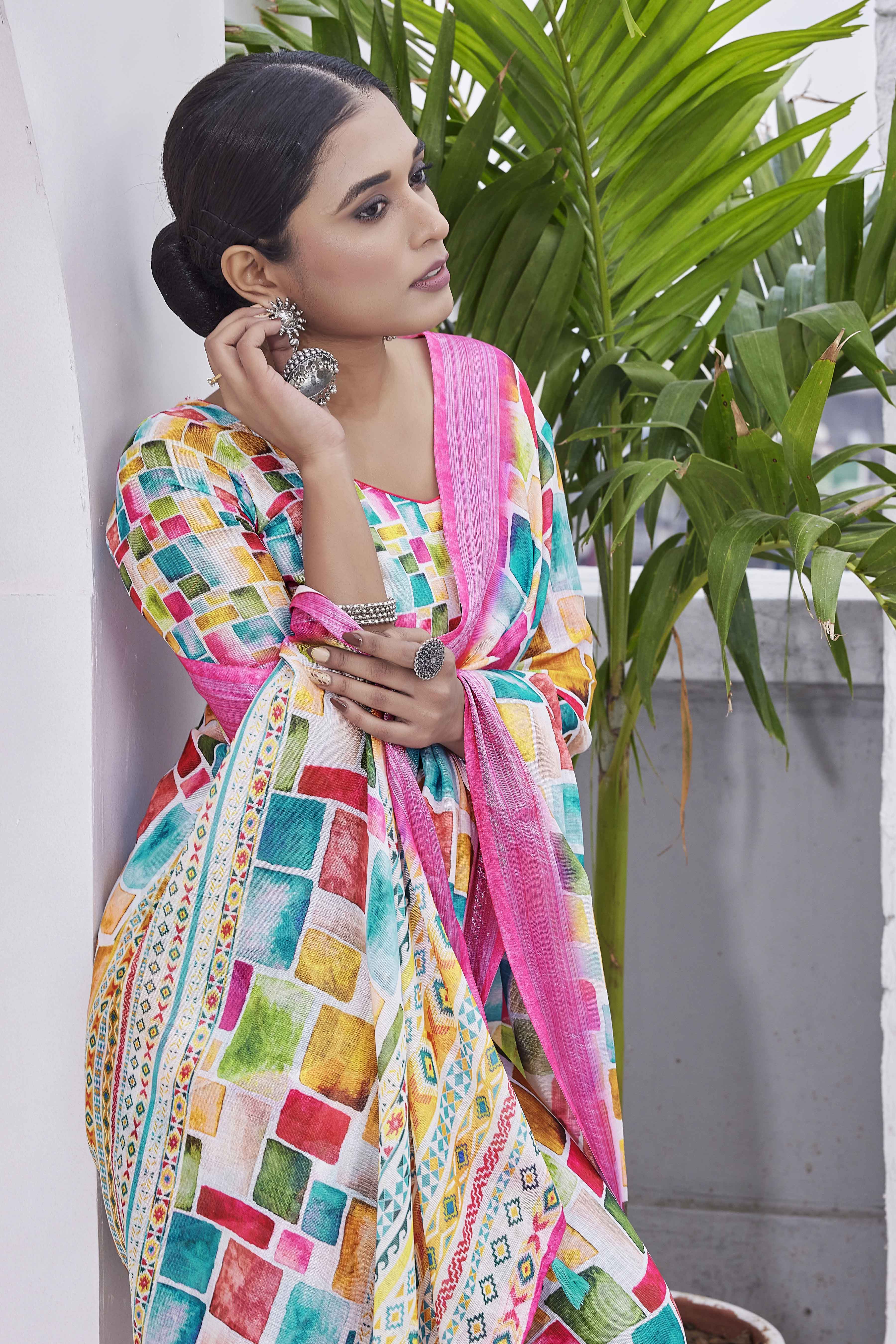 DIGITAL PRINT CHECKED COTTON LINEN ZARI BORDER SAREE