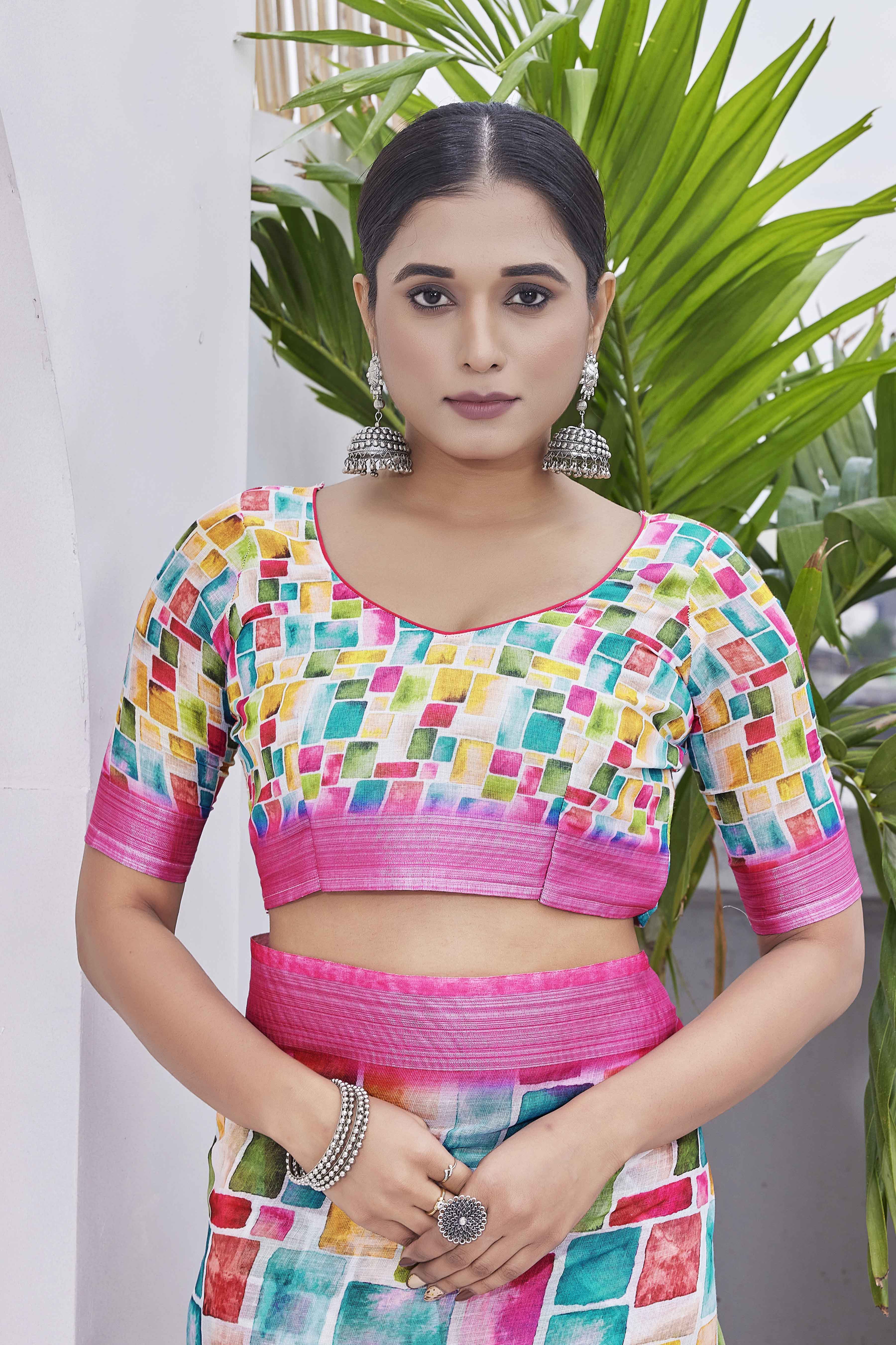 DIGITAL PRINT CHECKED COTTON LINEN ZARI BORDER SAREE
