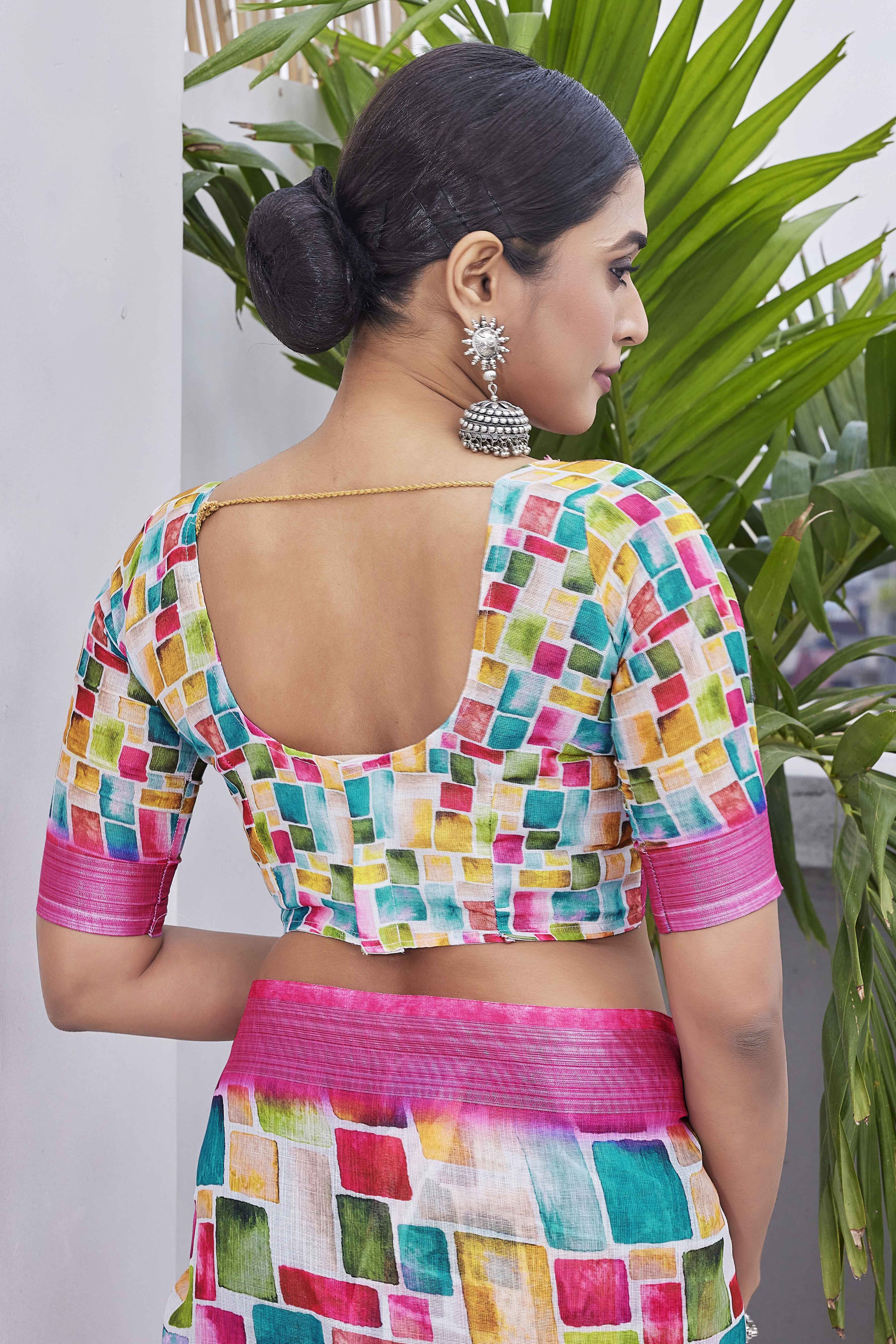 DIGITAL PRINT CHECKED COTTON LINEN ZARI BORDER SAREE