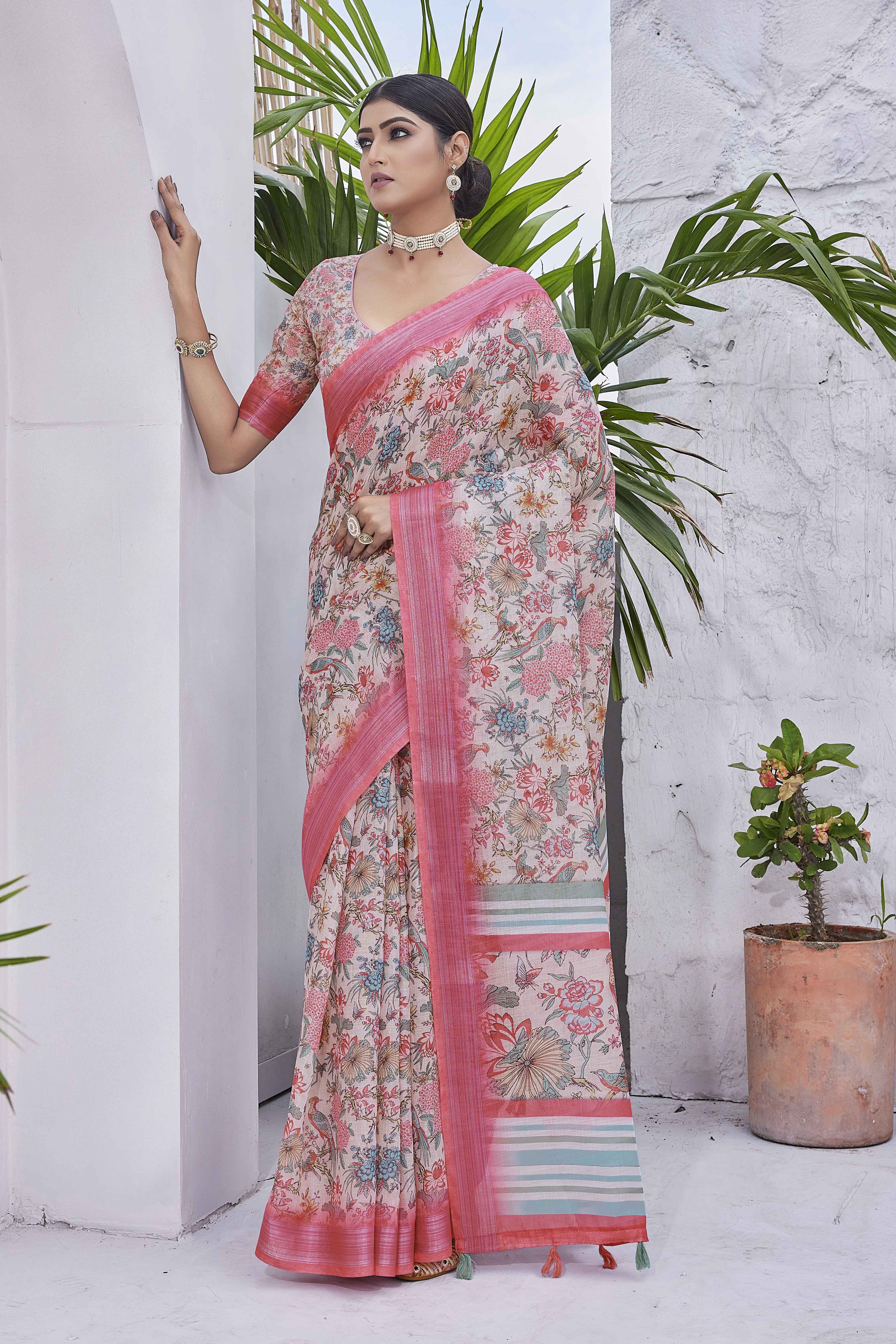 DIGITAL PRINT FLORAL WOVEN DESIGN COTTON LINEN ZARI BORDER SAREE