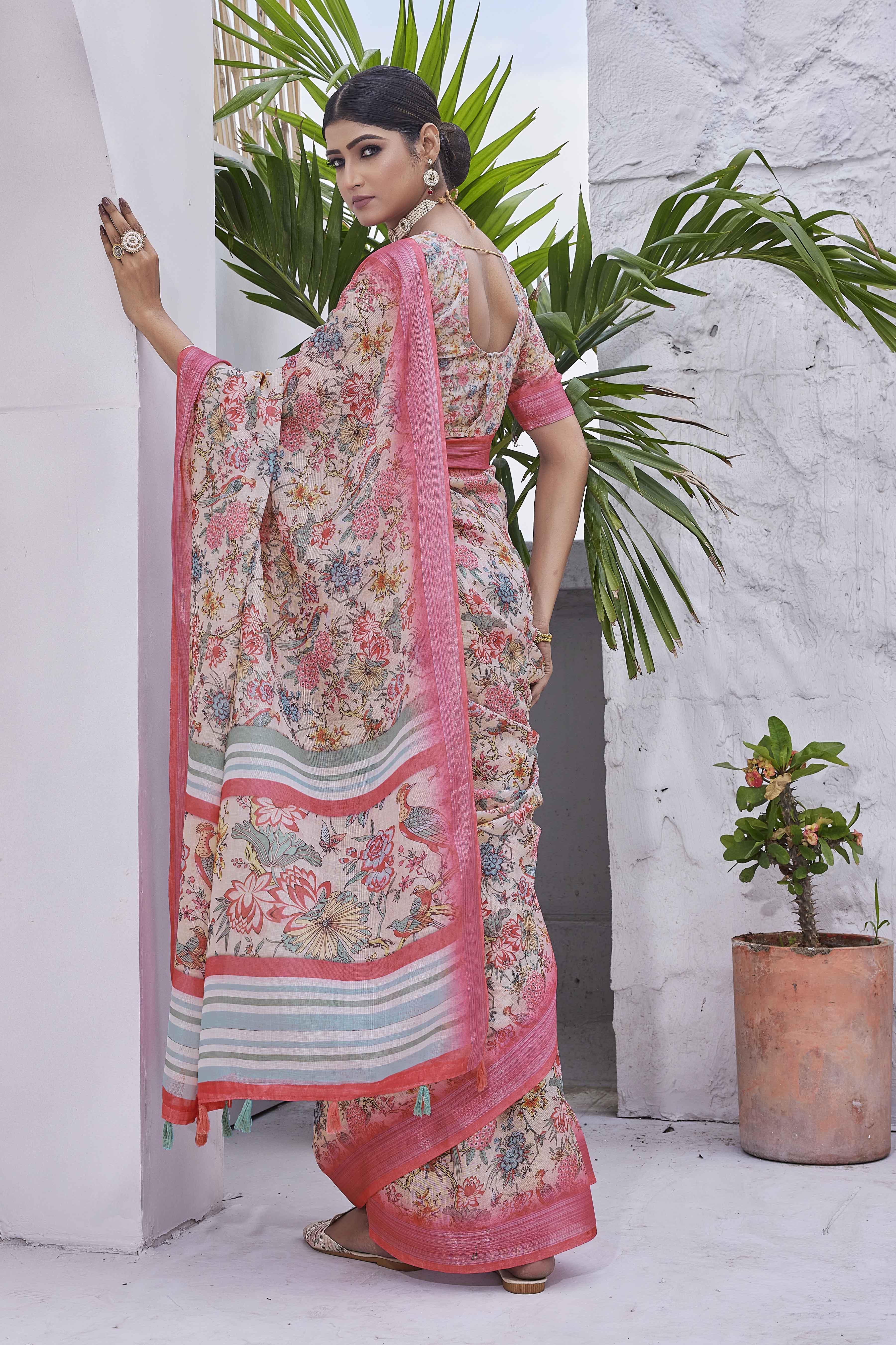 DIGITAL PRINT FLORAL WOVEN DESIGN COTTON LINEN ZARI BORDER SAREE