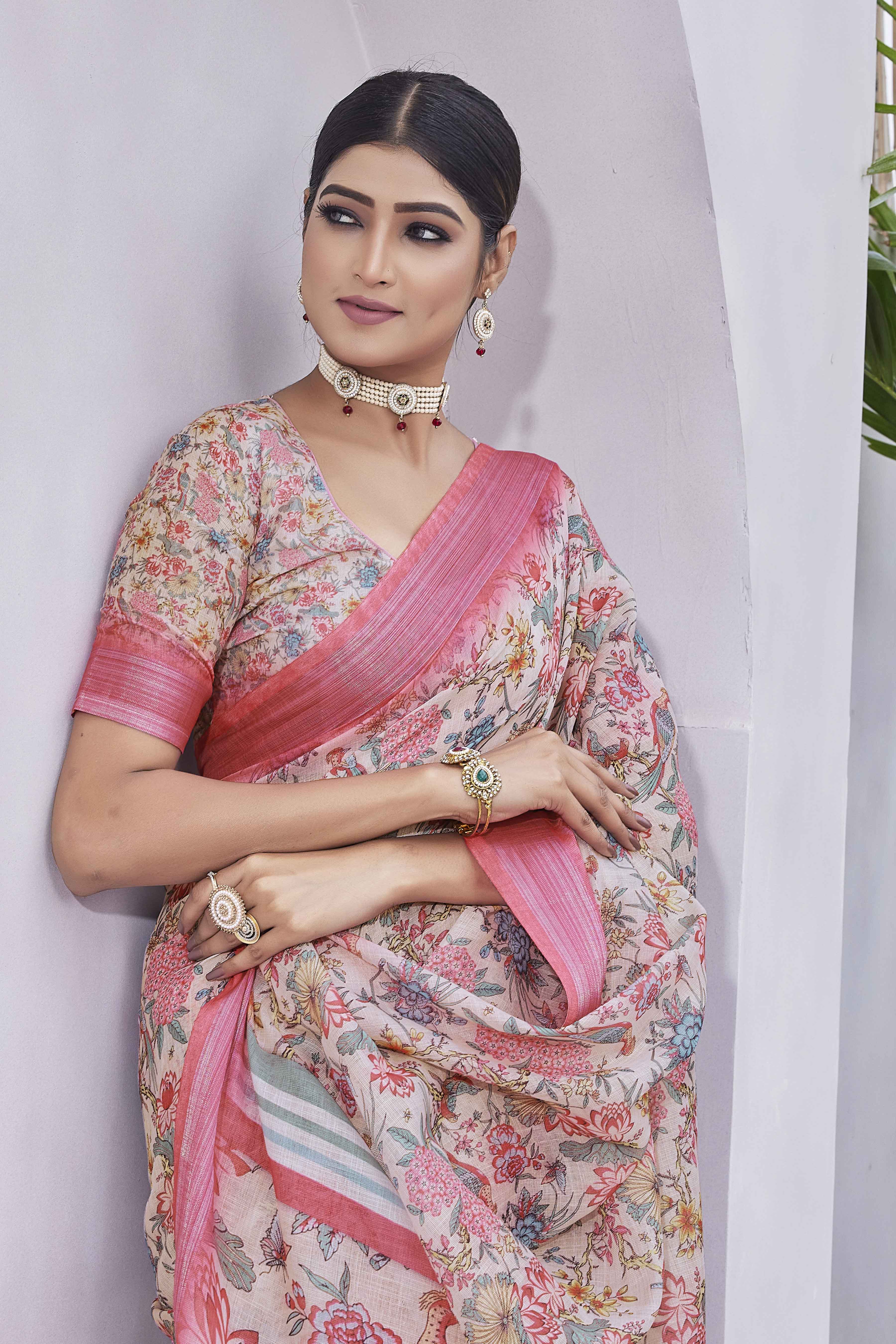 DIGITAL PRINT FLORAL WOVEN DESIGN COTTON LINEN ZARI BORDER SAREE